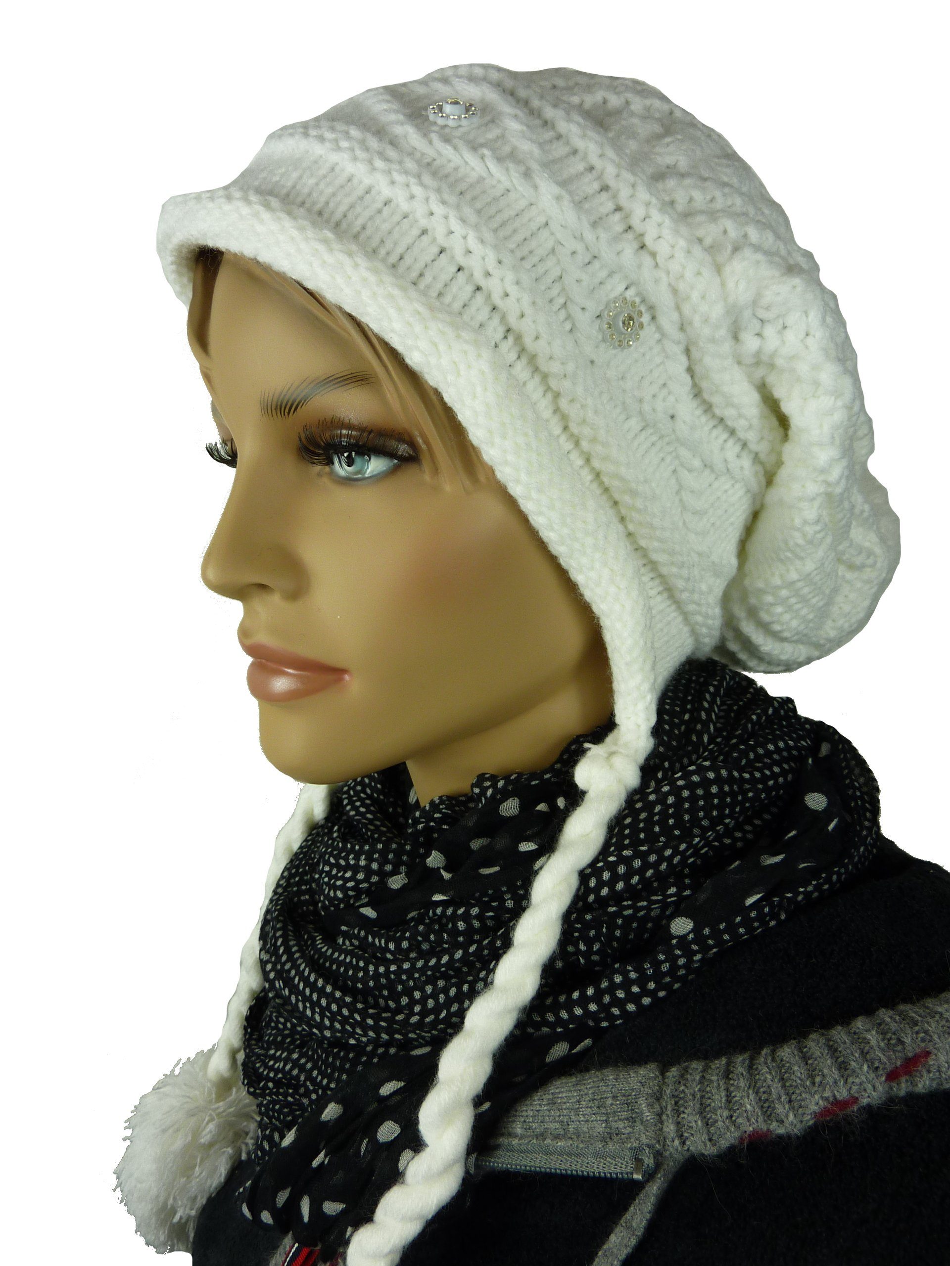 Taschen4life Bommelmütze Damen Mütze TA1110 gestrickt mit Bommel Long-Beanie zum binden, leger, einfarbig weiß