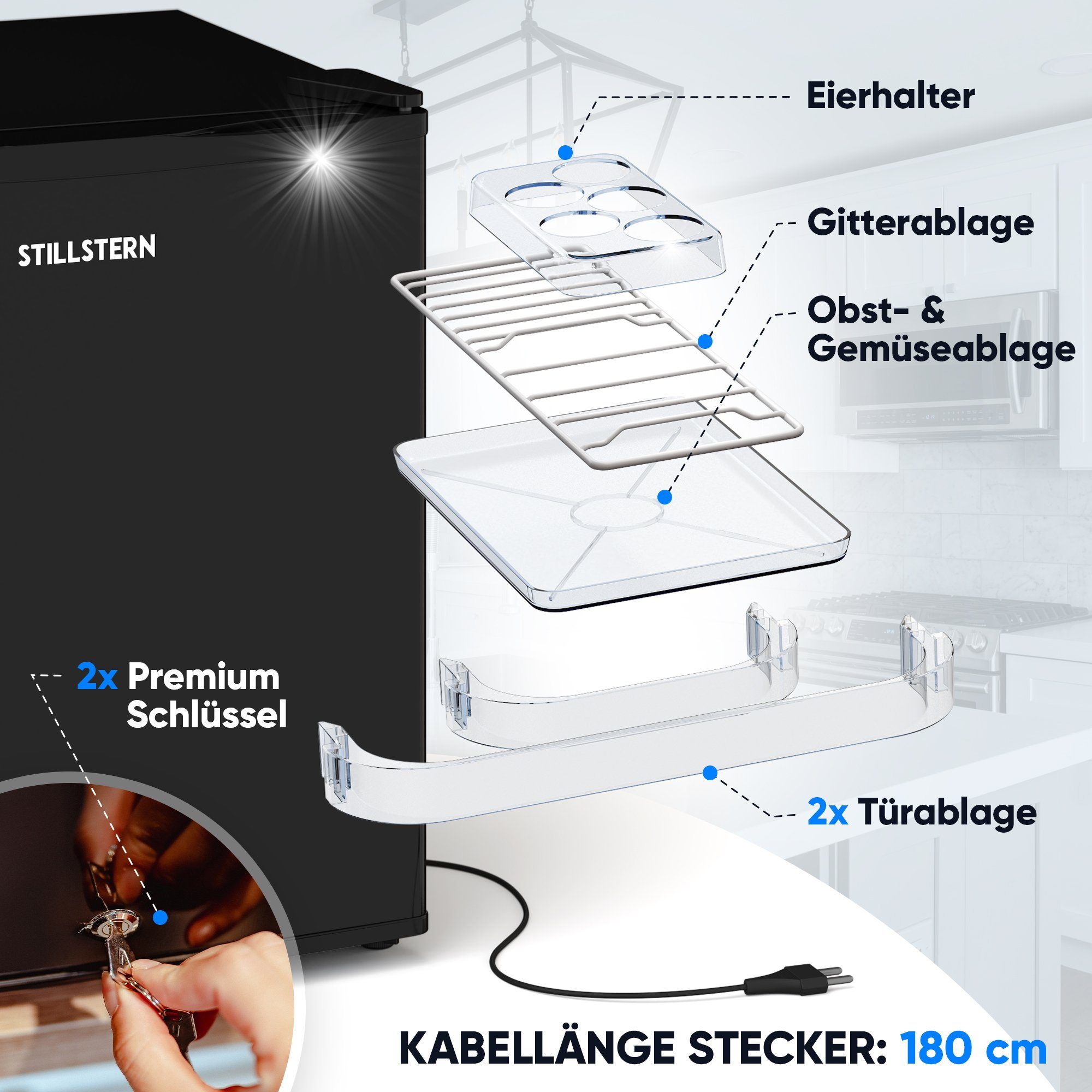 Stillstern Table Top Kühlschrank KB 46.4, 45 cm hoch, 51 cm breit, Minibar, Kühlschrank, Ideal Büro/Hotel/kl. Wohnung
