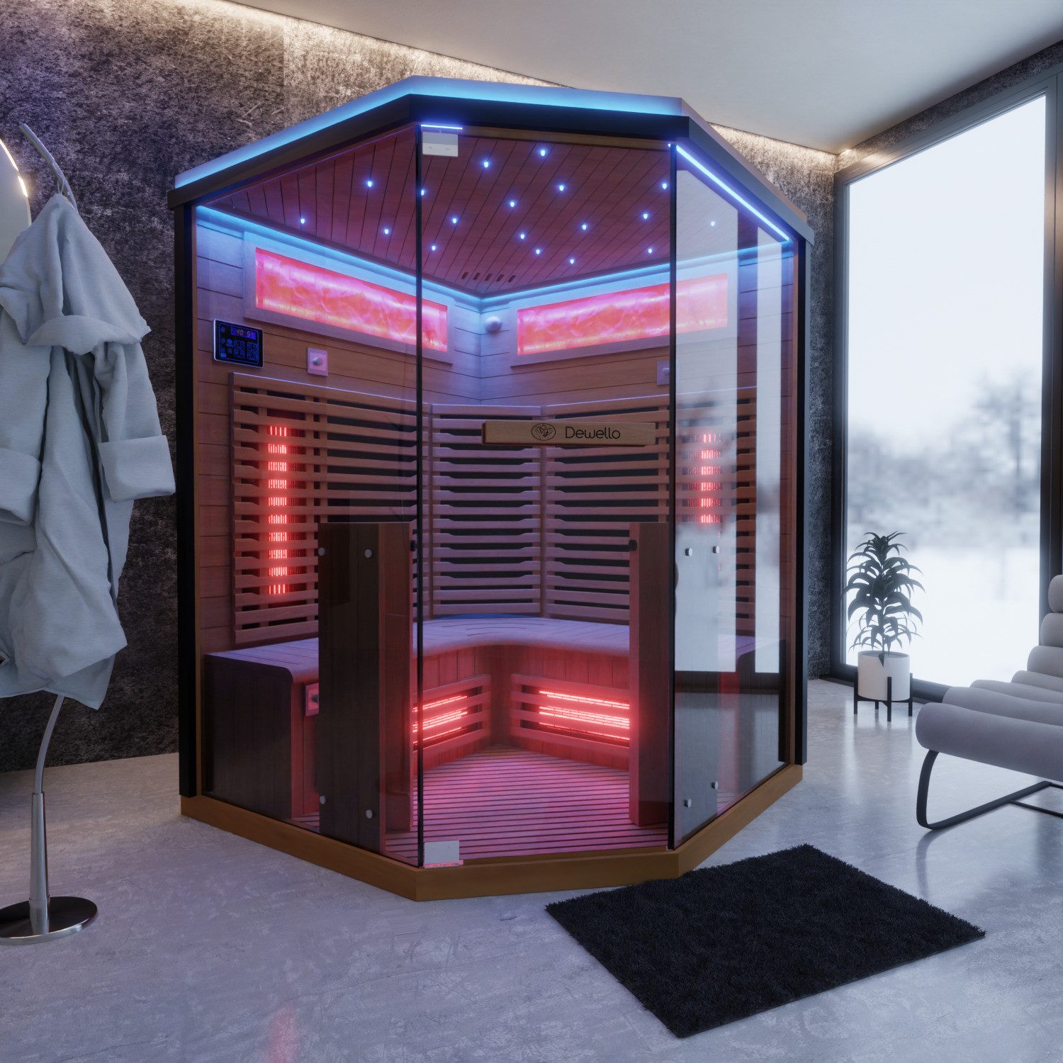 Dewello Sauna KENORA 140 Wärmekabine, 2-3 Personen, 7 Vollspektrumstrahler, BxTxH: 140 x 141 x 190 cm, (aus Hemlock-Tannenholz, leichter Aufbau dank Stecksystem, inkl. Ionisator mit Ozondesinfektion und Aromatherapie, Bluetooth & FM) klappbare Frontstrahler