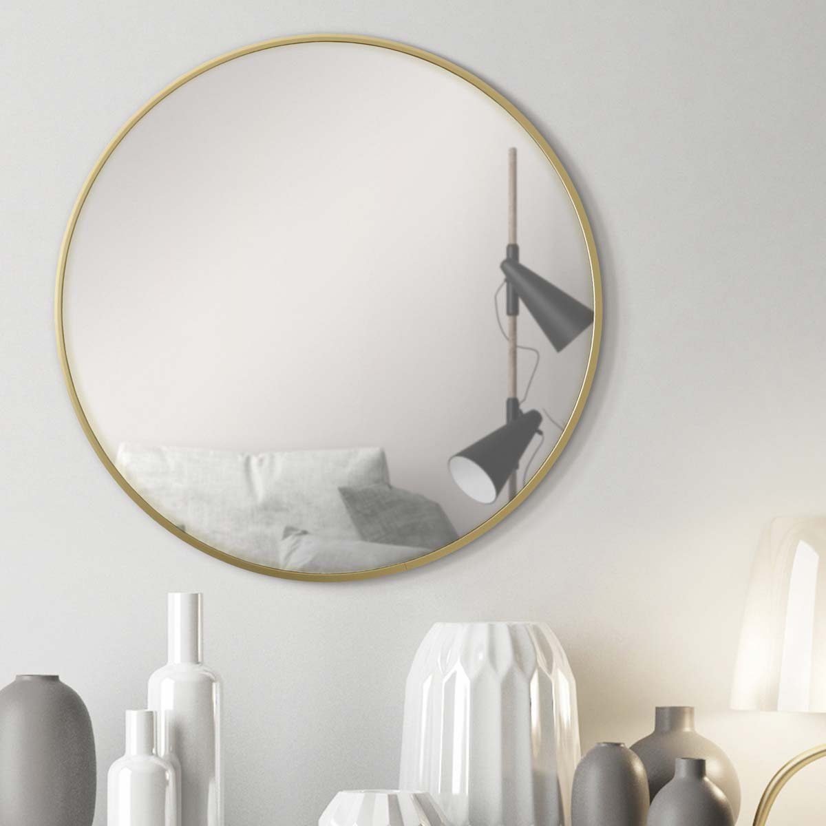 PHOTOLINI Spiegel rund mit Metallrahmen, eleganter Wandspiegel, schmaler Rahmen Gold