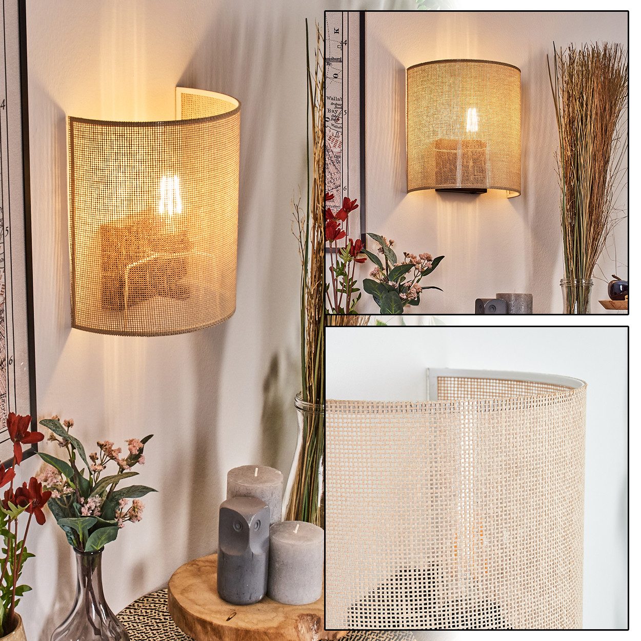 hofstein Wandleuchte Wandlampe aus Metall/Bast/Wienergeflecht in günstig online kaufen