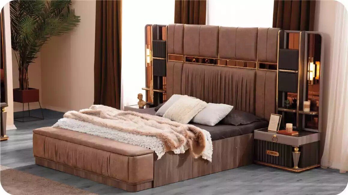 Schlafzimmer-Set Schlafzimmer Garnitur Luxus Doppelbett Bettkasten Bett Set 3tlg Beige