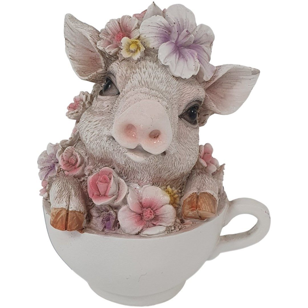 Figurendiscounter Gartenfigur Dekofigur Schwein mit Blumen in Tasse 15 x 12,5 x