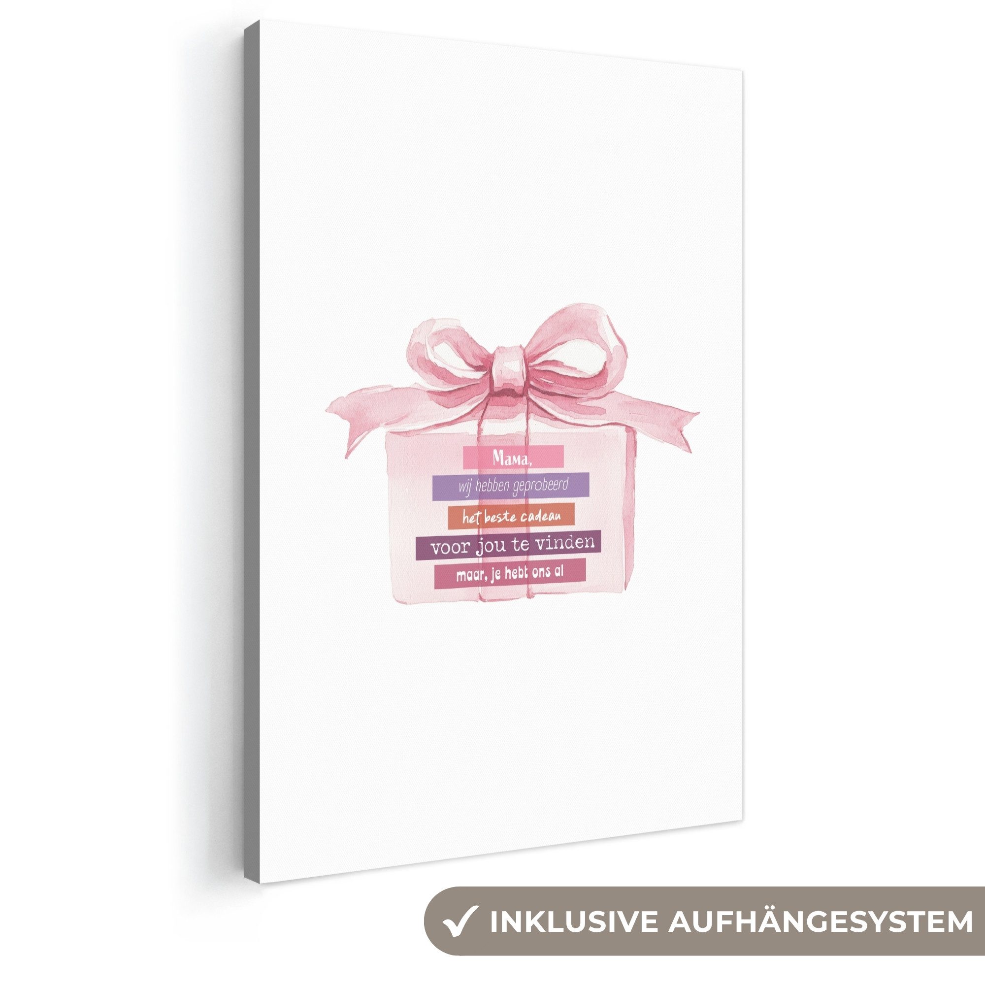 OneMillionCanvasses® Leinwandbild Geschenk - Schleife - Text - Rosa, Fotodruck (1 St), Wandbilder, Deko Schlafzimmer Wohnzimmer 60x90 cm