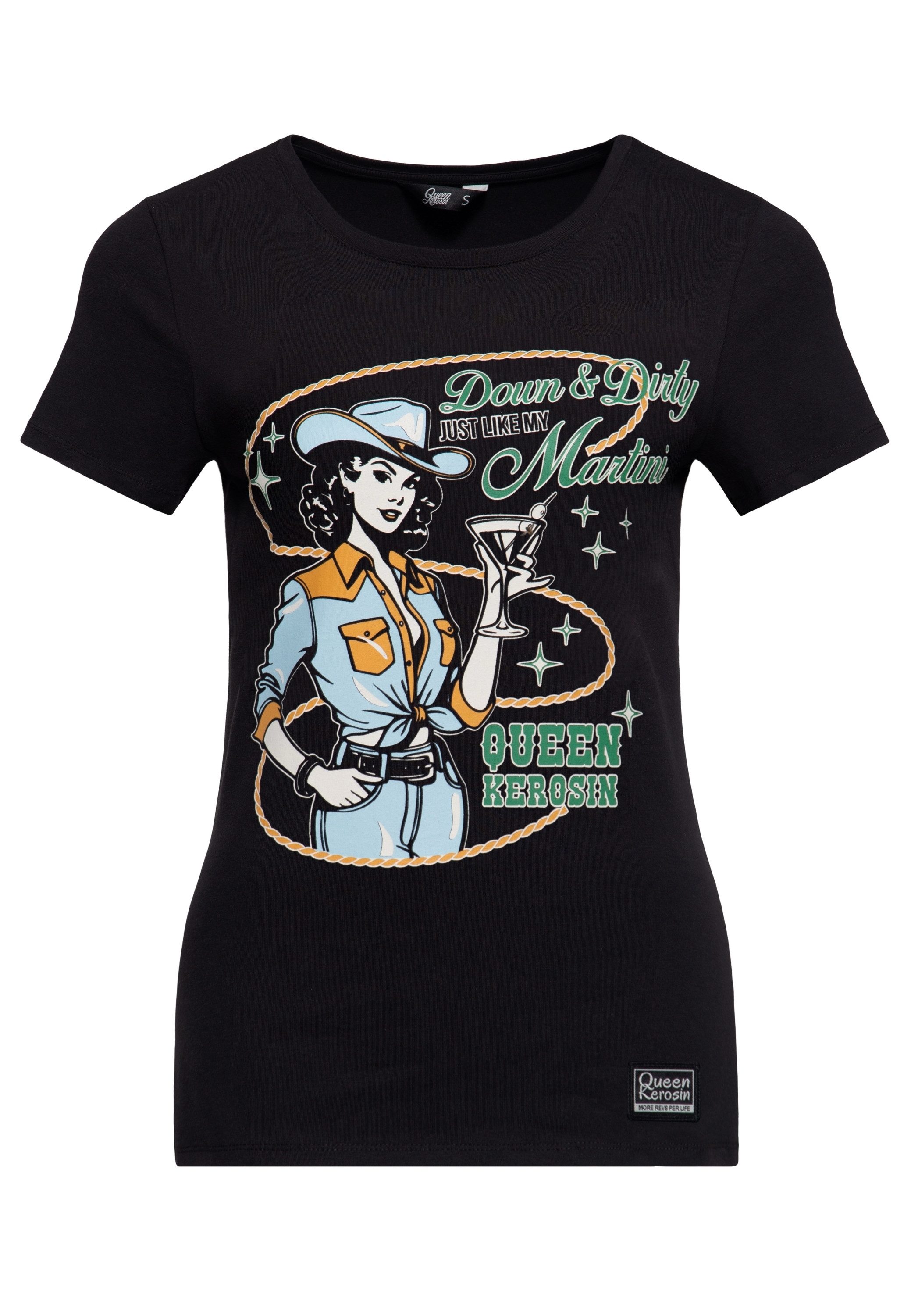 QueenKerosin Print-Shirt Down & Dirty Farbiger Western-Pin-up-Print mit Martiniglas und Spruch