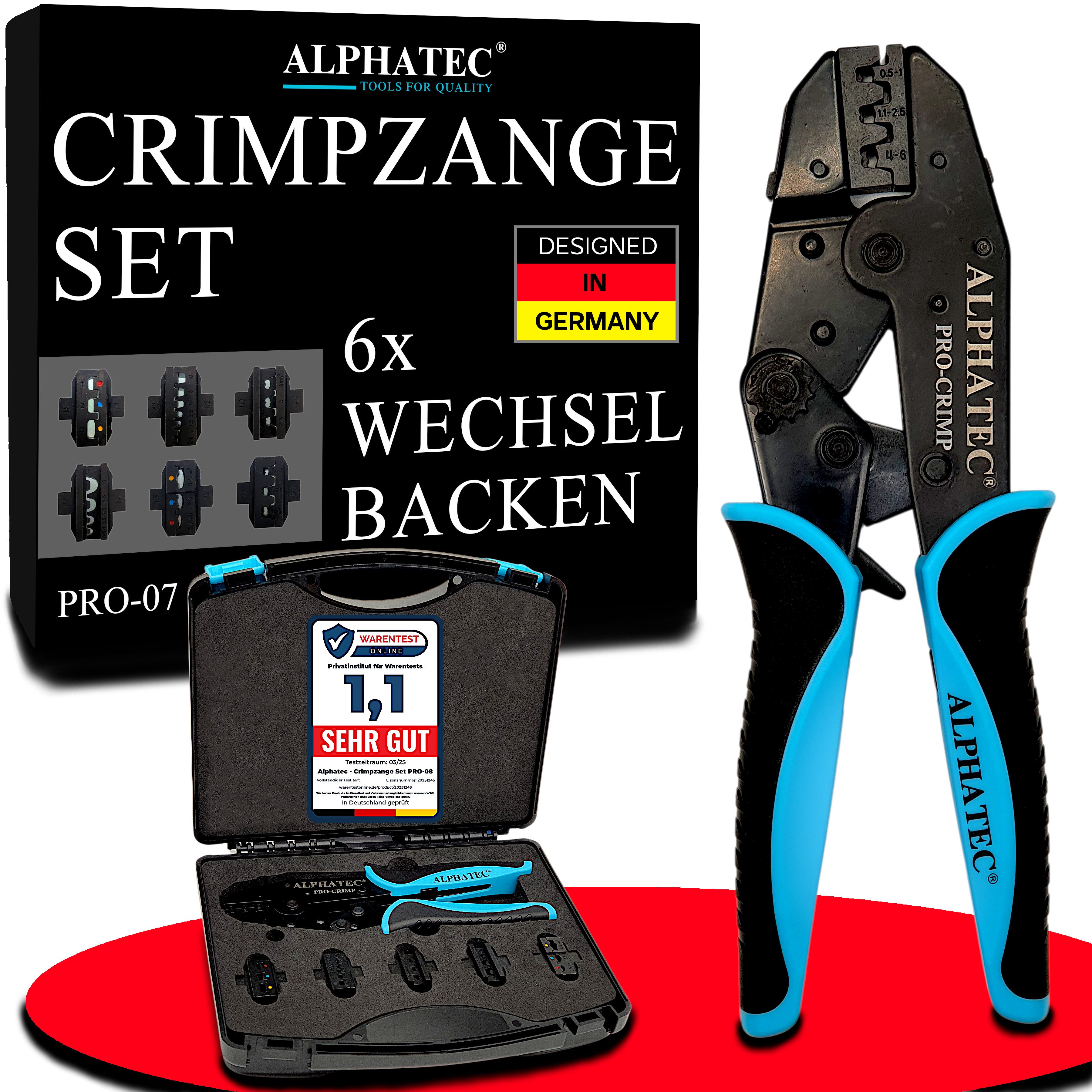 ALPHATEC® Crimpzange Crimpzangen Set mit Wechselbacken inkl. Abisolierzange 0,25-10mm² 8tlg, Kabelschuhe, Aderendhülsen, Flachstecker, Quetschverbinder, MC4, Solar