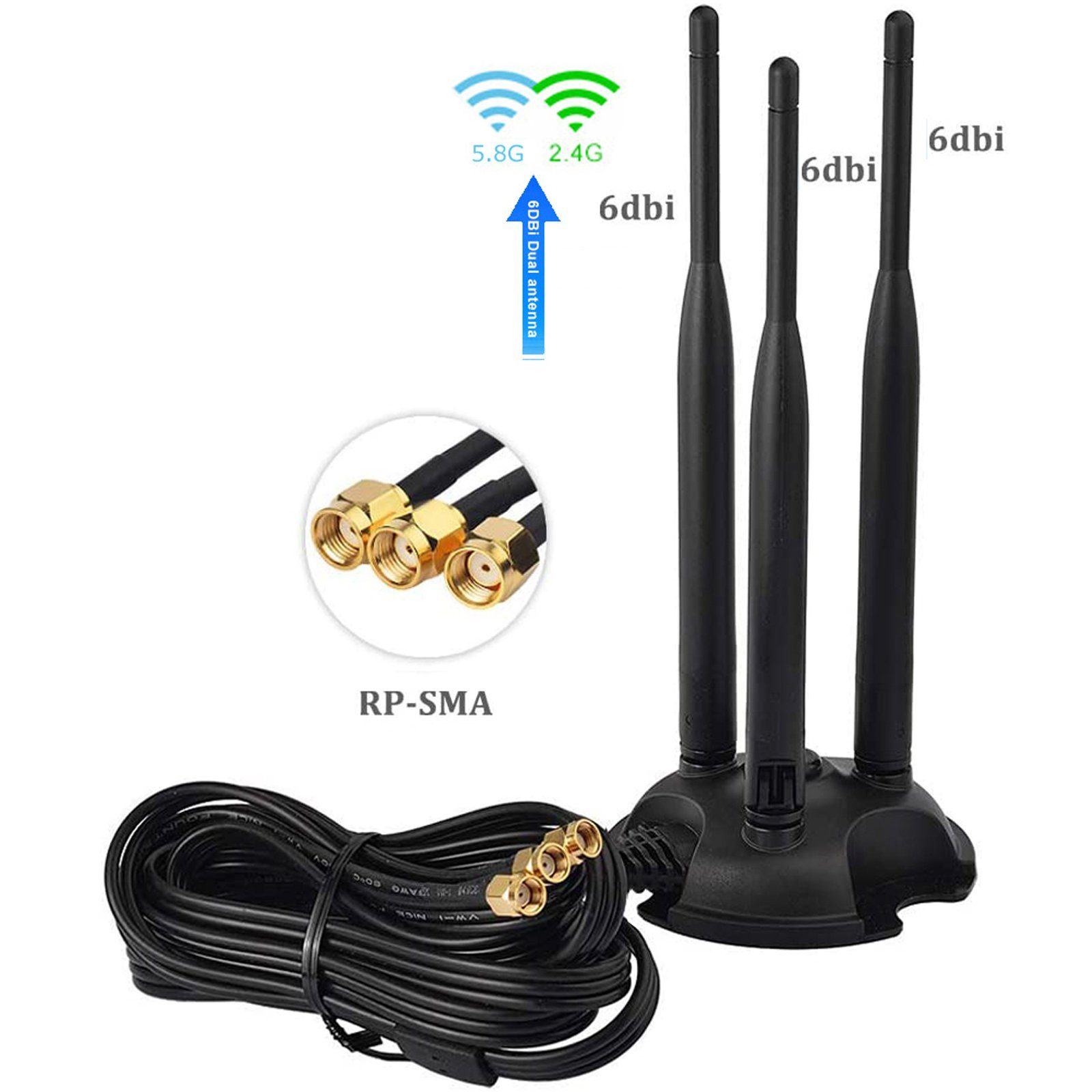 Bolwins L13D 3m 2.4G 5.8G WiFi Antenne 3x 6dBi RP-SMA Adapter Kabel Standfuss WLAN-Antenne