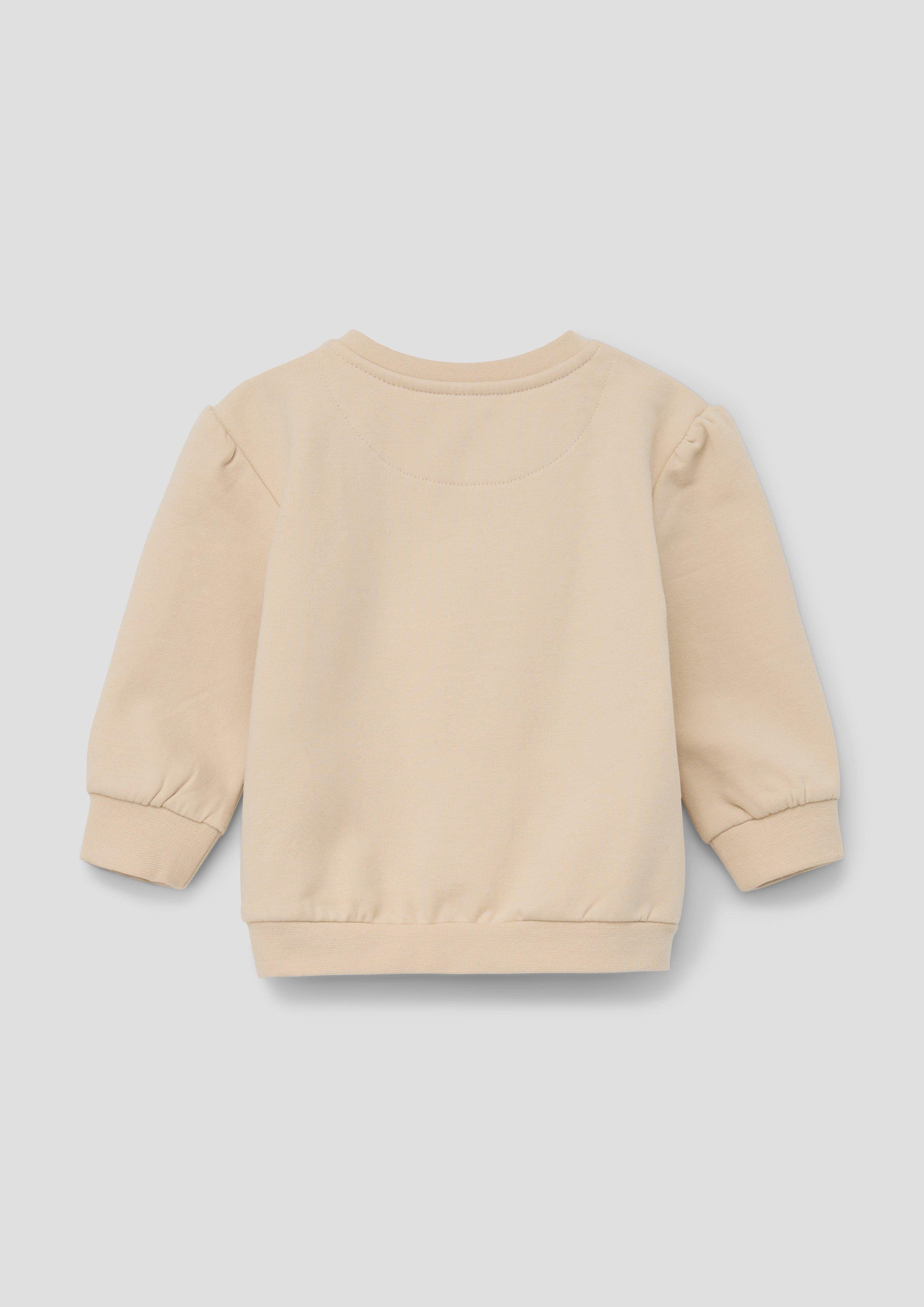 Pailletten, Sweatshirt s.Oliver beige Raffung mit Sweater Fransen, Frontprint