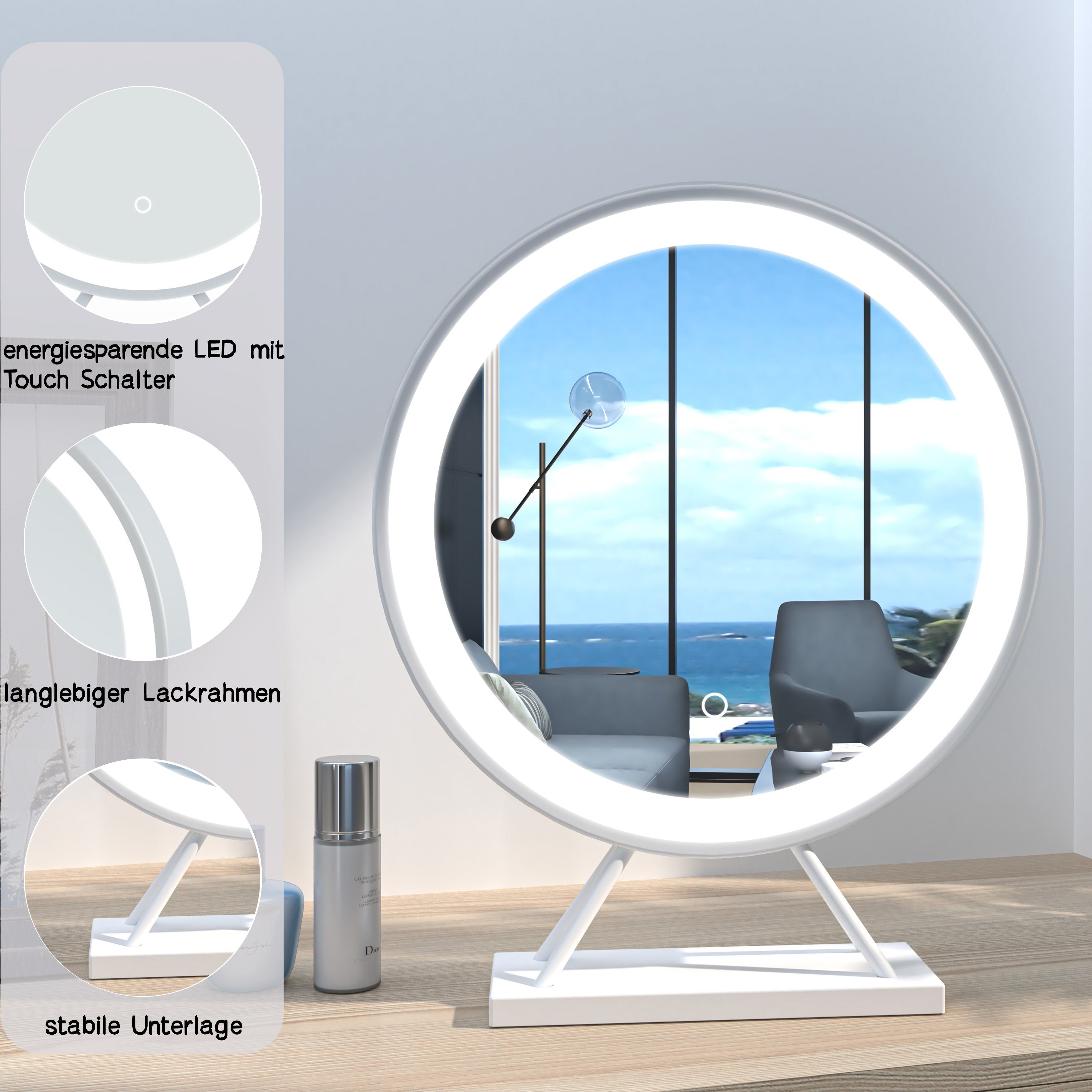 duschspa 3 Weiß Lichtfarbe, LED Schminkspiegel Helligkeit-Memory Kosmetikspiegel Tischspiegel, dimmbar,