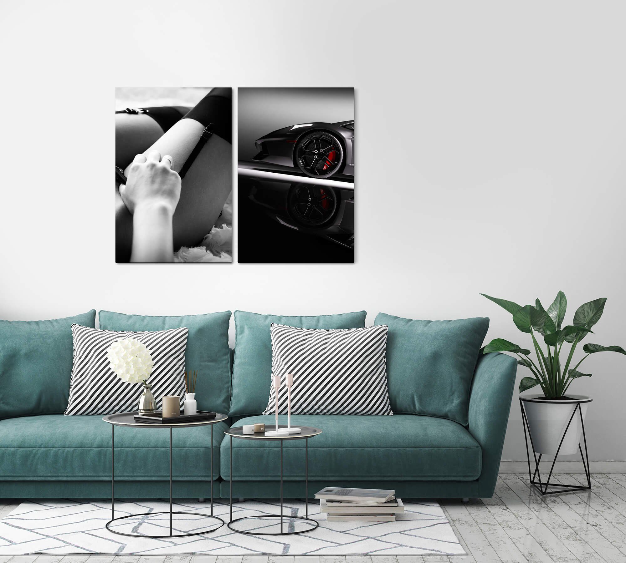 Sinus Art Leinwandbild 2 Bilder je 60x90cm Sexy Lamborghini Dessous Schwaz Weiß Felgen Super-Car Erotisch
