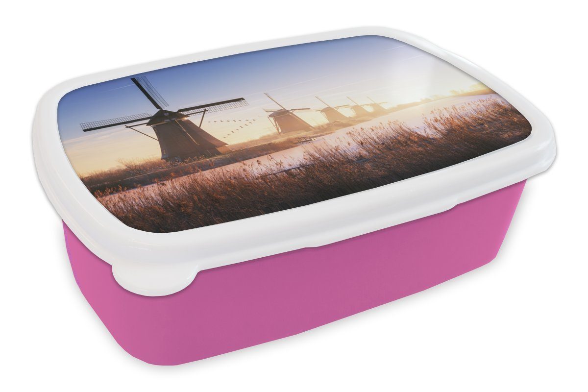【Aufrichtigkeit】 MuchoWow Lunchbox Die Windmühlen von Kunststoff rosa Kinder, Kunststoff, Brotbox Mädchen, (2-tlg), für Snackbox, Kinderdijk, Brotdose Erwachsene