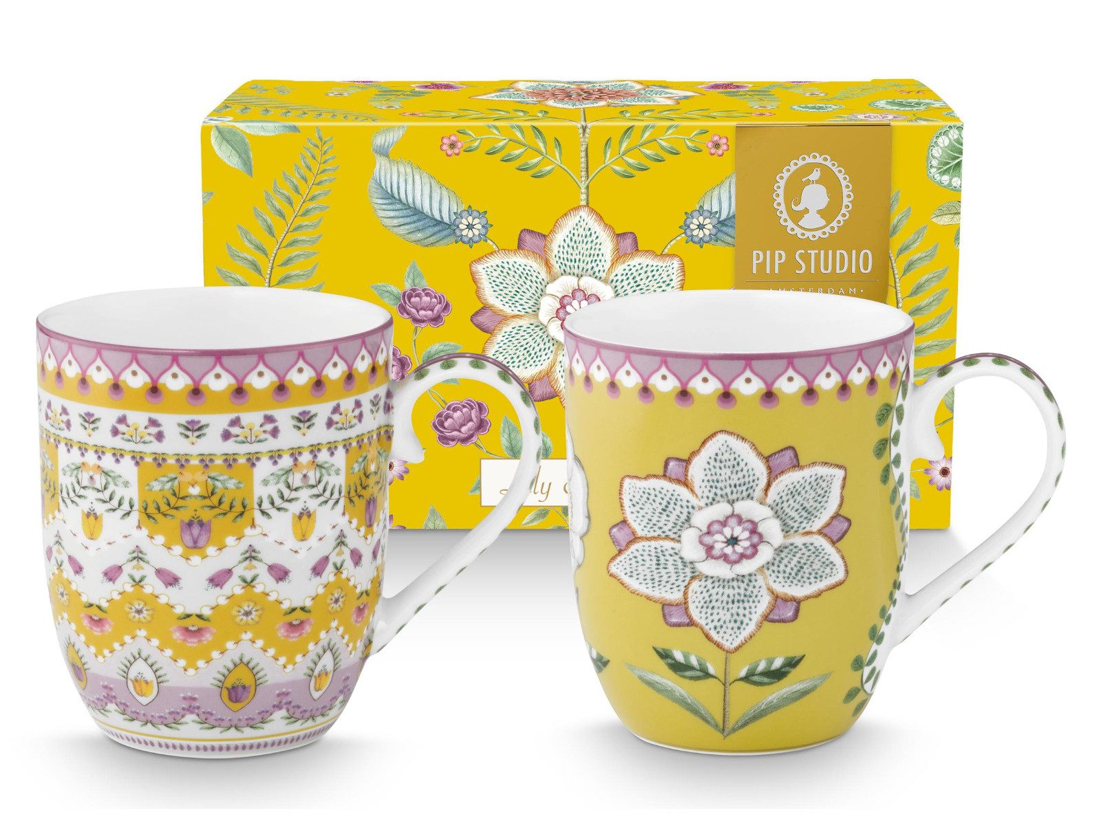 PiP Studio Becher Lily&Lotus Yellow Henkelbecher Small 0,2l Set2, Porzellan