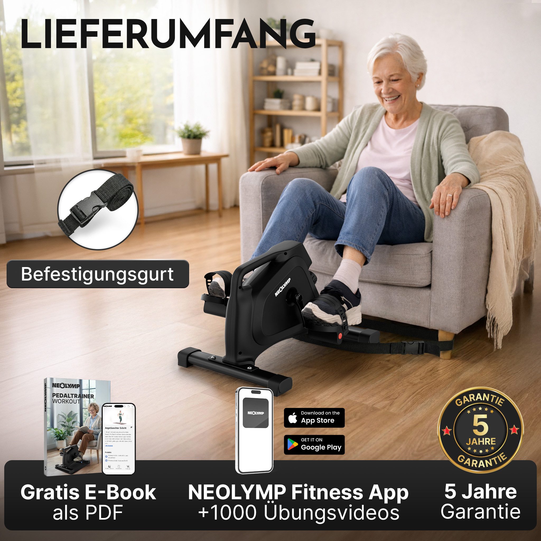 NEOLYMP Pedaltrainer für Zuhause TÜV geprüft – gelenkschonender Beintrainer im Sitzen, Widerstandstrainer mit Display, 8 Stufen & Magnetbremse - Heimtrainer