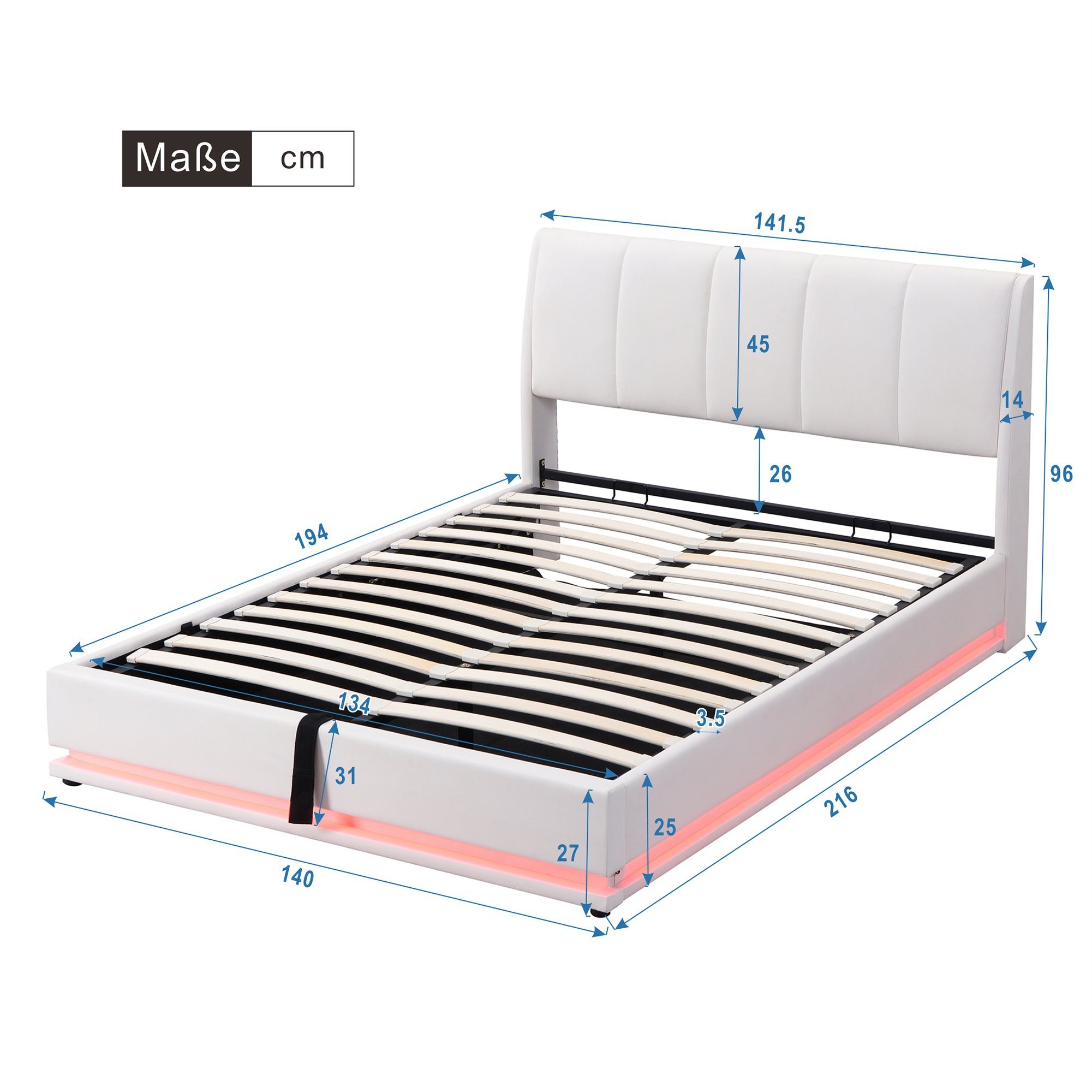 Boxspringbett (Doppelbett 140 x 200 cm mit Lattenrost und LED Beleuchtung), Polsterbett inkl. Hydraulisch anhebbarer Bettstauraum, Kunstleder