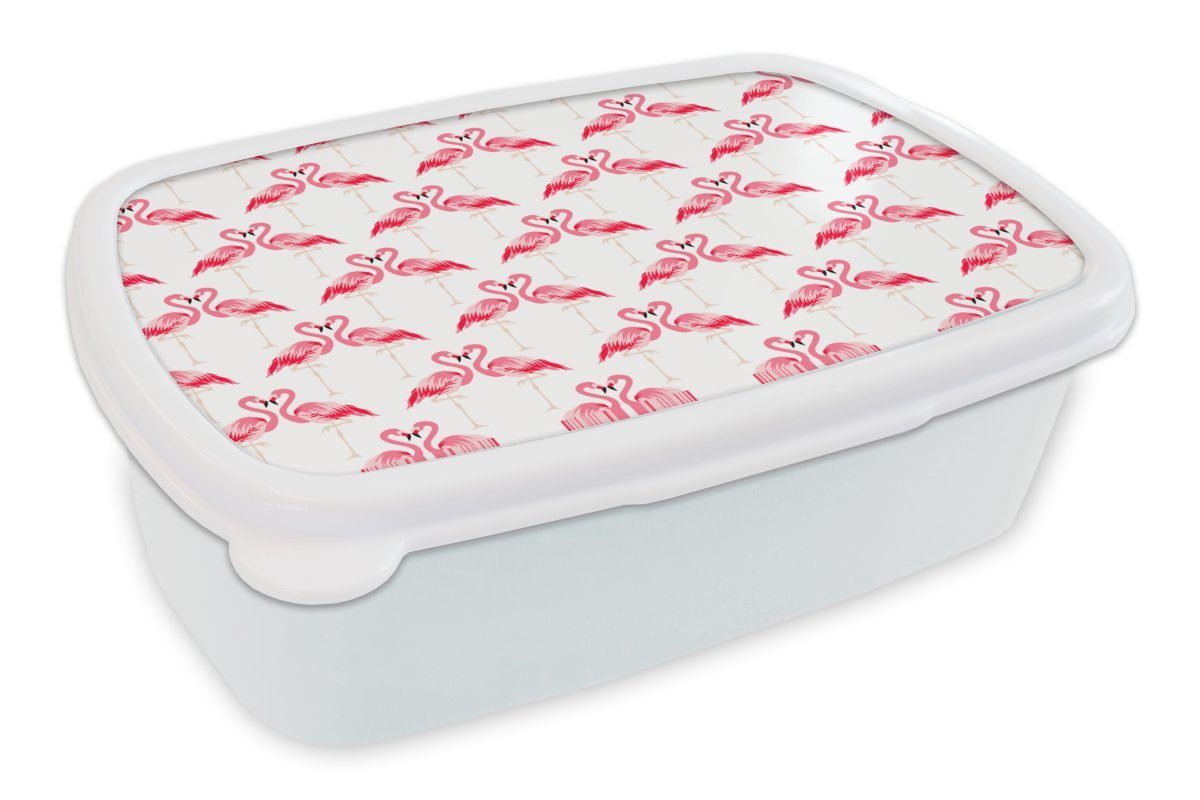 MuchoWow Lunchbox Flamingo - Muster - Rosa - Dschungel, Kunststoff, (2-tlg), Brotbox für Kinder und Erwachsene, Brotdose, für Jungs und Mädchen weiß