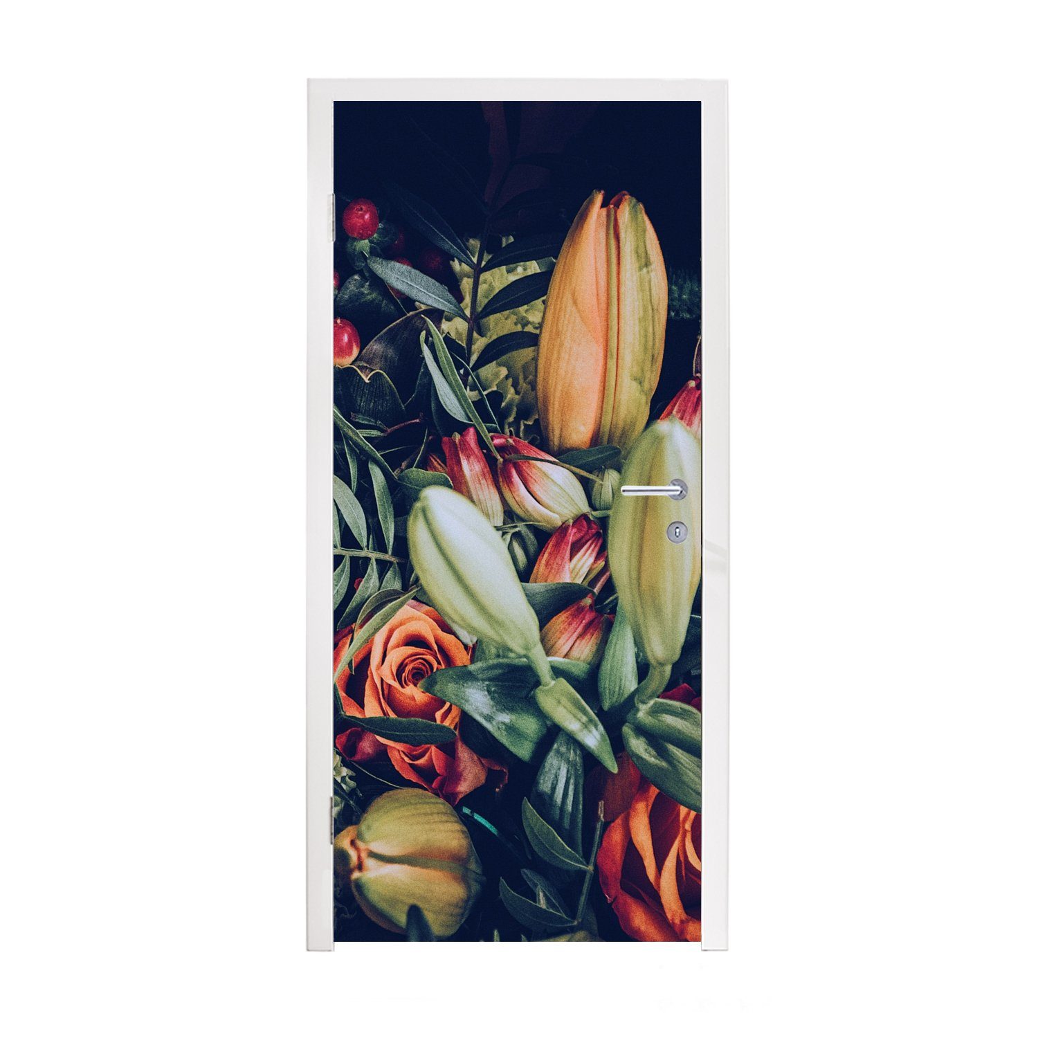 MuchoWow Türtapete Blumenstrauß - Stilleben - Blumen - Pflanzen - Rot, Matt, bedruckt, (1 St), Fototapete für Tür, Türaufkleber, 75x205 cm