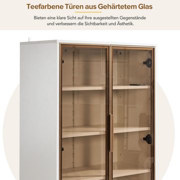 Merax Glasvitrine mit Glastüren und Schubladen inkl. LED Hochschrank mit verstellbaren Einlegeböden, Bücherschrank, Standvitrine