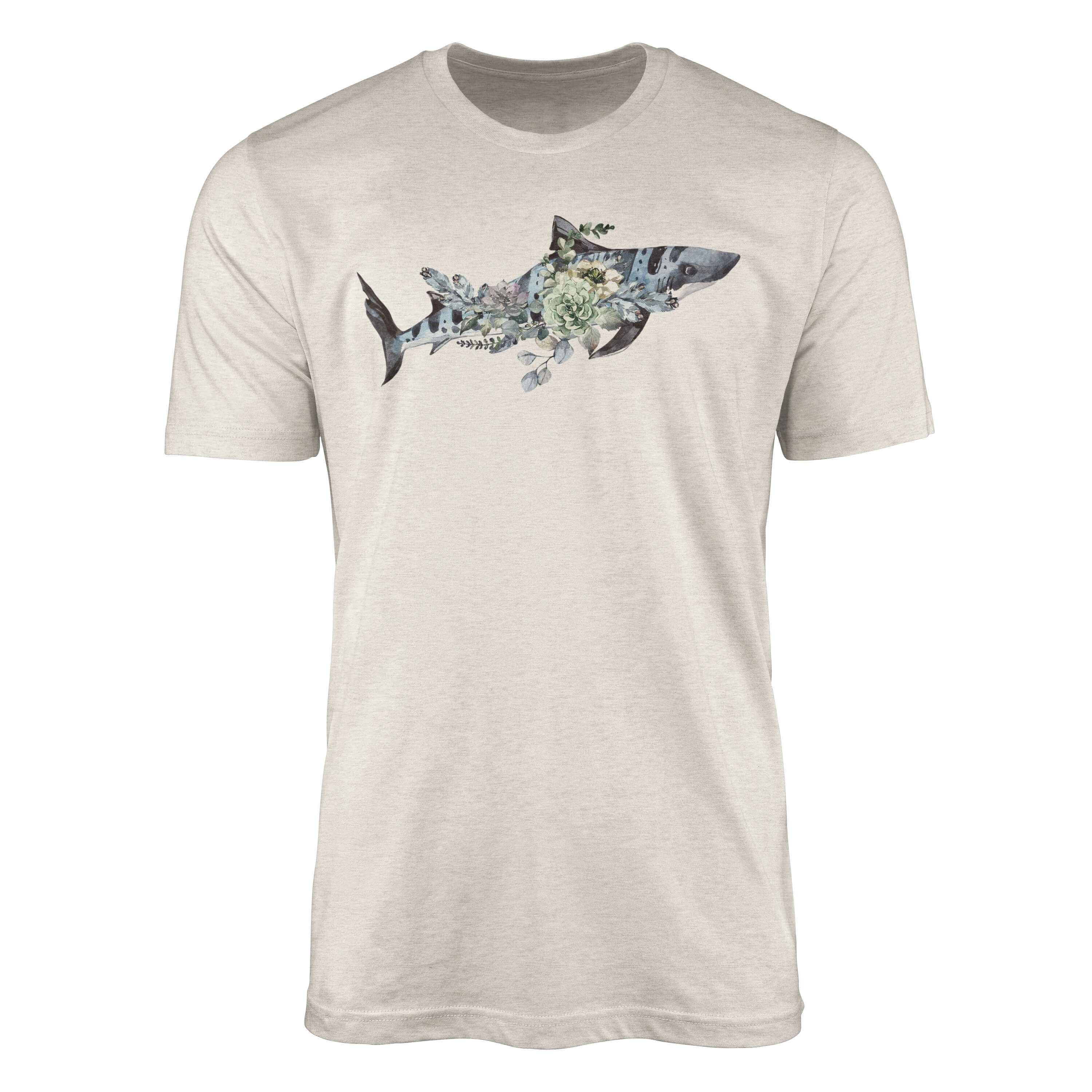 Sinus Art T-Shirt Herren Shirt 100% gekämmte Bio-Baumwolle T-Shirt Tigerhai Blumen Wasserfarben Motiv Nachhaltig Ökom (1-tlg)