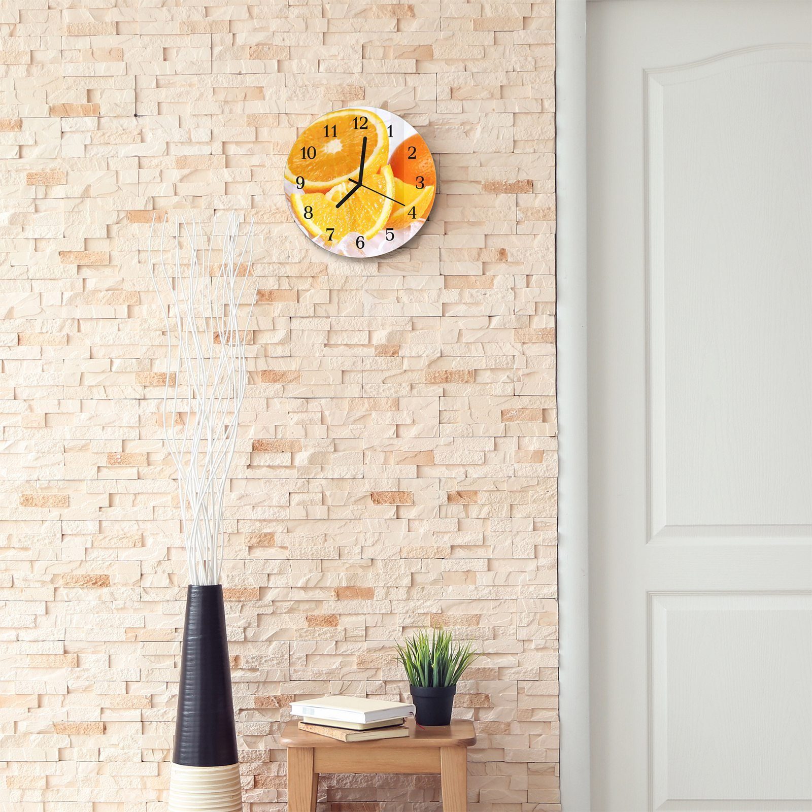 - Glas auf 30 Orangenschnitze Wanduhr mit Quarzuhrwerk Primedeco Motiv Eis Durchmesser cm aus und mit Wanduhr Rund