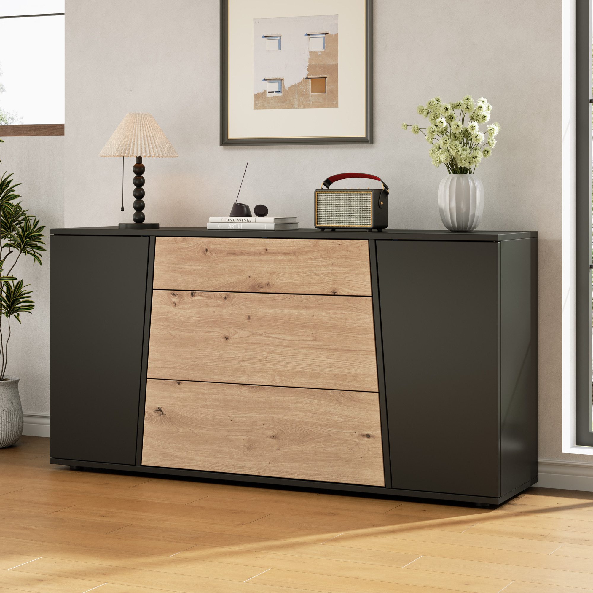 Merax Sideboard mit 3 Schubladen, 2 Türen & verstellbaren Einlegeböden (1 St), Buffetschrank Küchenschrank Aufbewahrungsschrank Kommode, …
