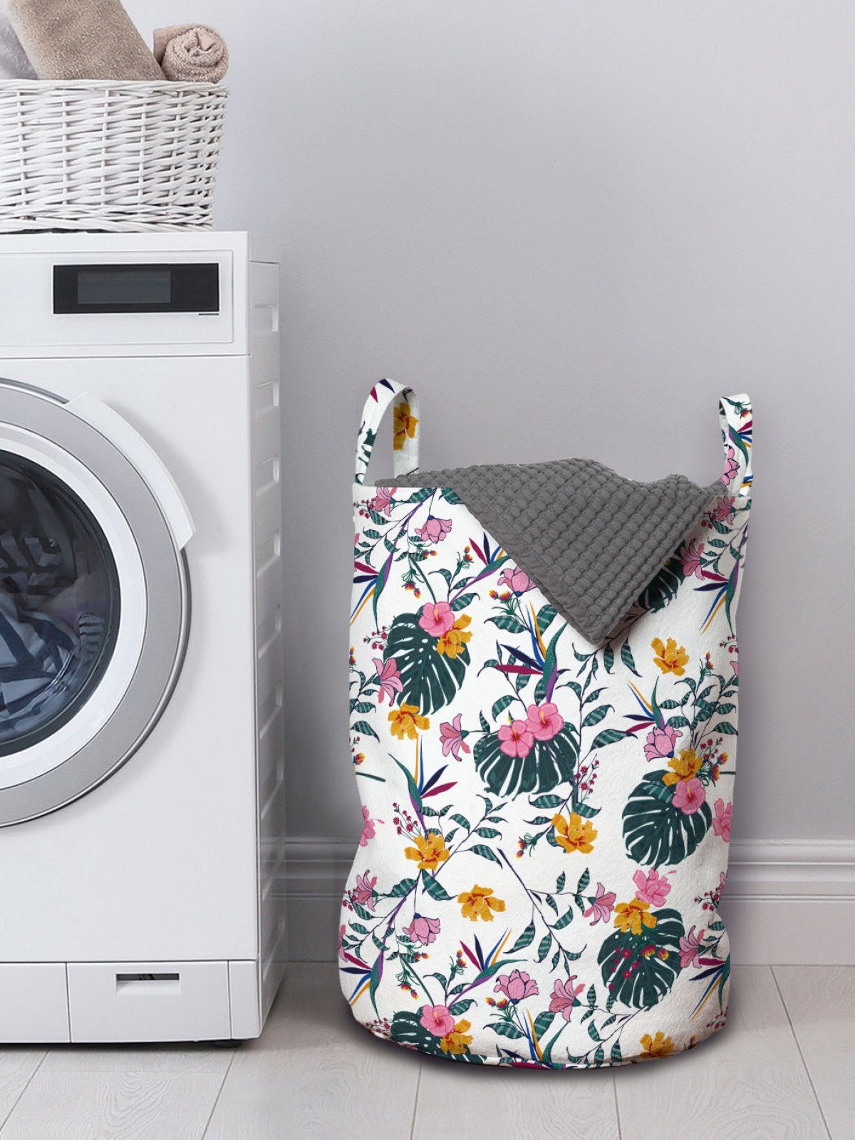 Kordelzugverschluss Wäschekorb für Blätter Blumen-Kunst Tropisch Wäschesäckchen Exotische Waschsalons, Abakuhaus mit Griffen
