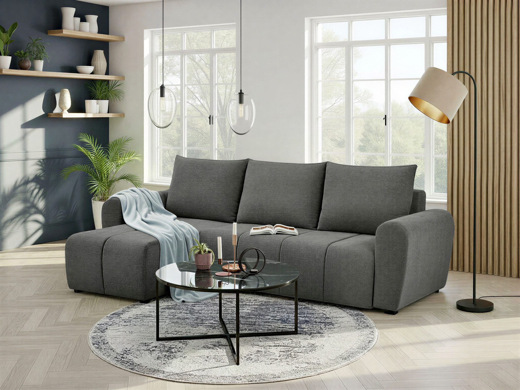 Ecksofa Nortrud, 241 cm, L-Form, mit Schlaffunktion u. Bettkasten