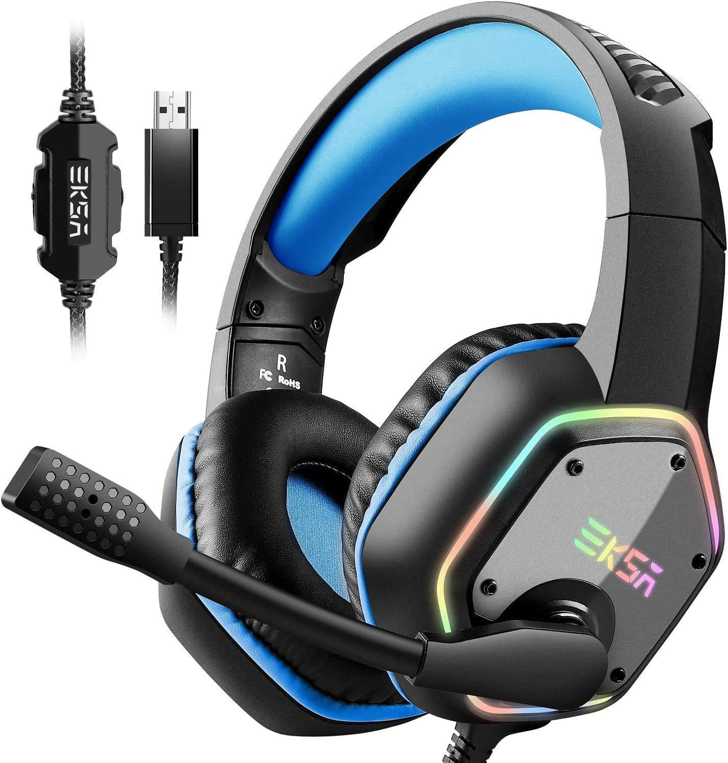 EKSA USB mit Mikrofon und Surround Sound Gaming-Headset (Das Noise Cancelling Mikrofon sorgt für klare Kommunikation ohne störende Hintergrundgeräusche beim Spielen, RGB Over-Ear Kopfhörer für PC PS4 PS5 mit Noise Cancelling Mikrofon)