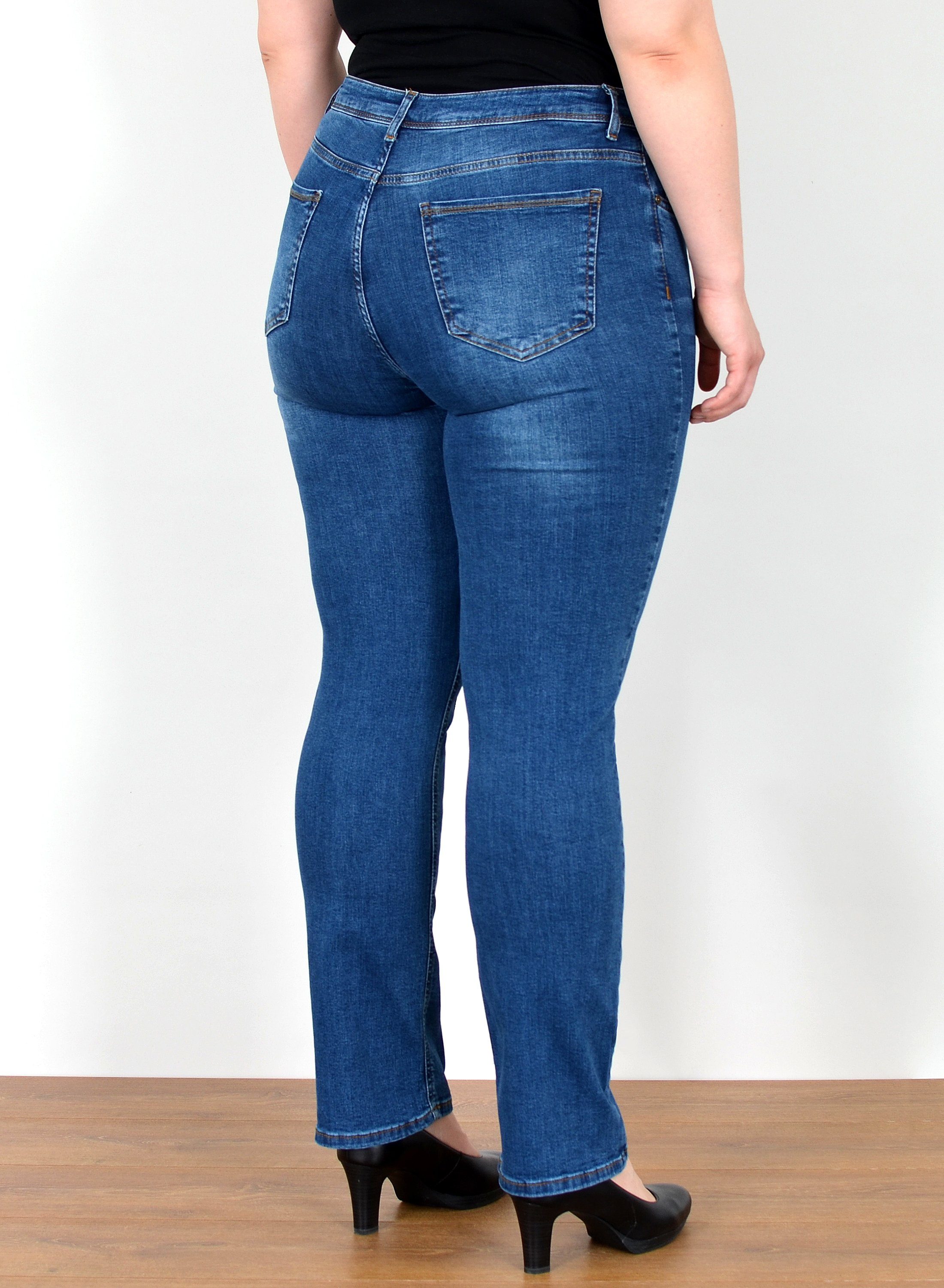 ESRA Straight-Jeans Straight Fit Jeans Damen High Waist Jeans-Hose Regular bis Übergröße Gerade Schnitt Jeanshose Damen hohe Leibhöhe Stretch Jeans Straight