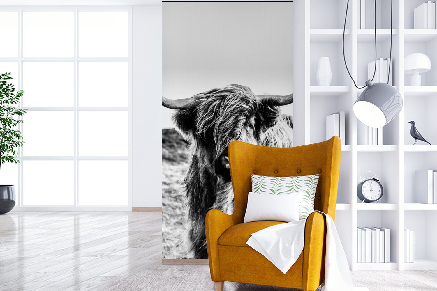 Schwarz Vliestapete Schlafzimmer bedruckt, - Kuh MuchoWow Fototapete Tier Weiß Fototapete Schottischer (2 - - - Wohnzimmer Natur Matt, - St), -, Hochländer Küche, für