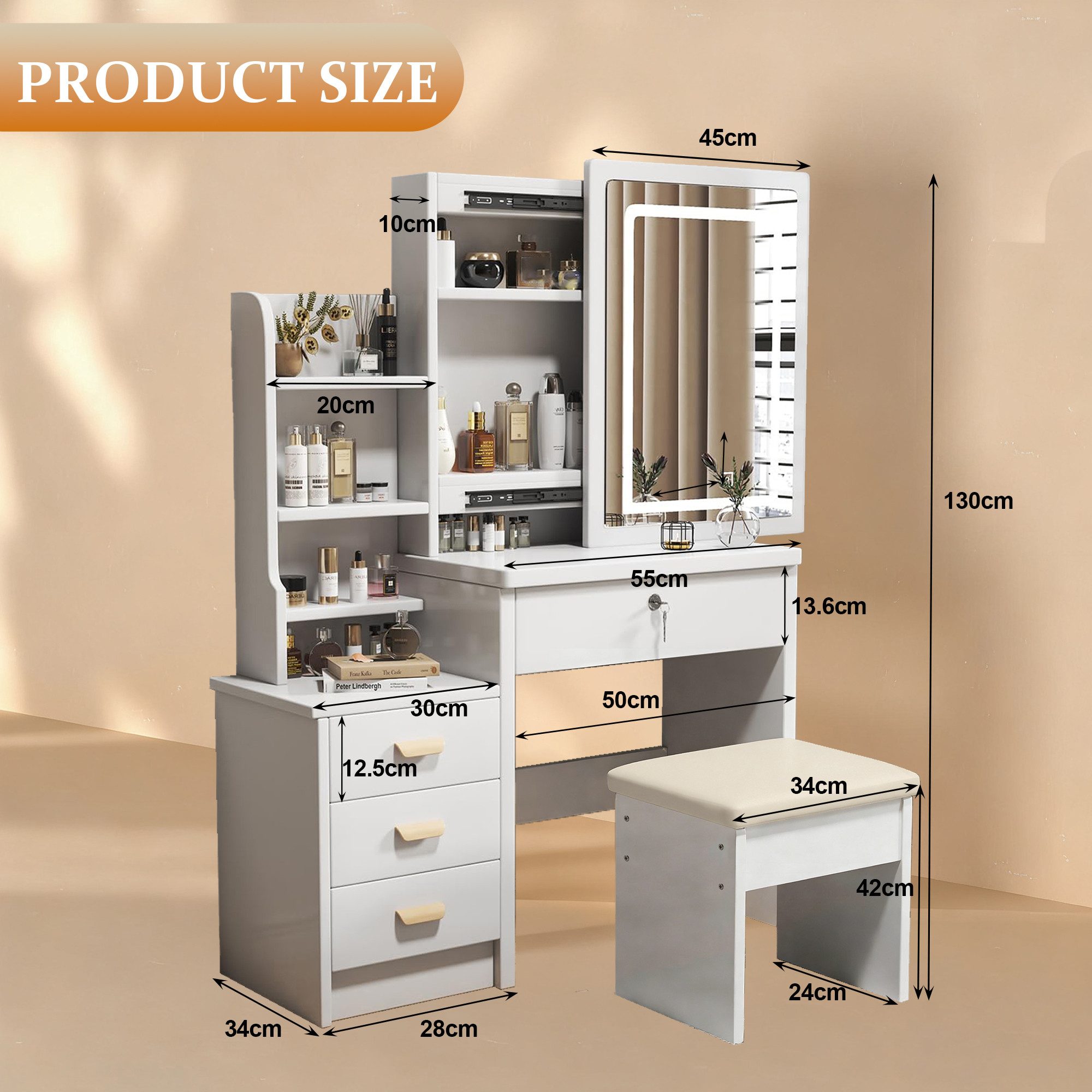 SONNI Schminktisch Stilvoller Schminktisch mit Spiegel und Beleuchtung, 3-farbig verstellbarer Beleuchtung, 4 Schubladen, B85/H130/T36cm.