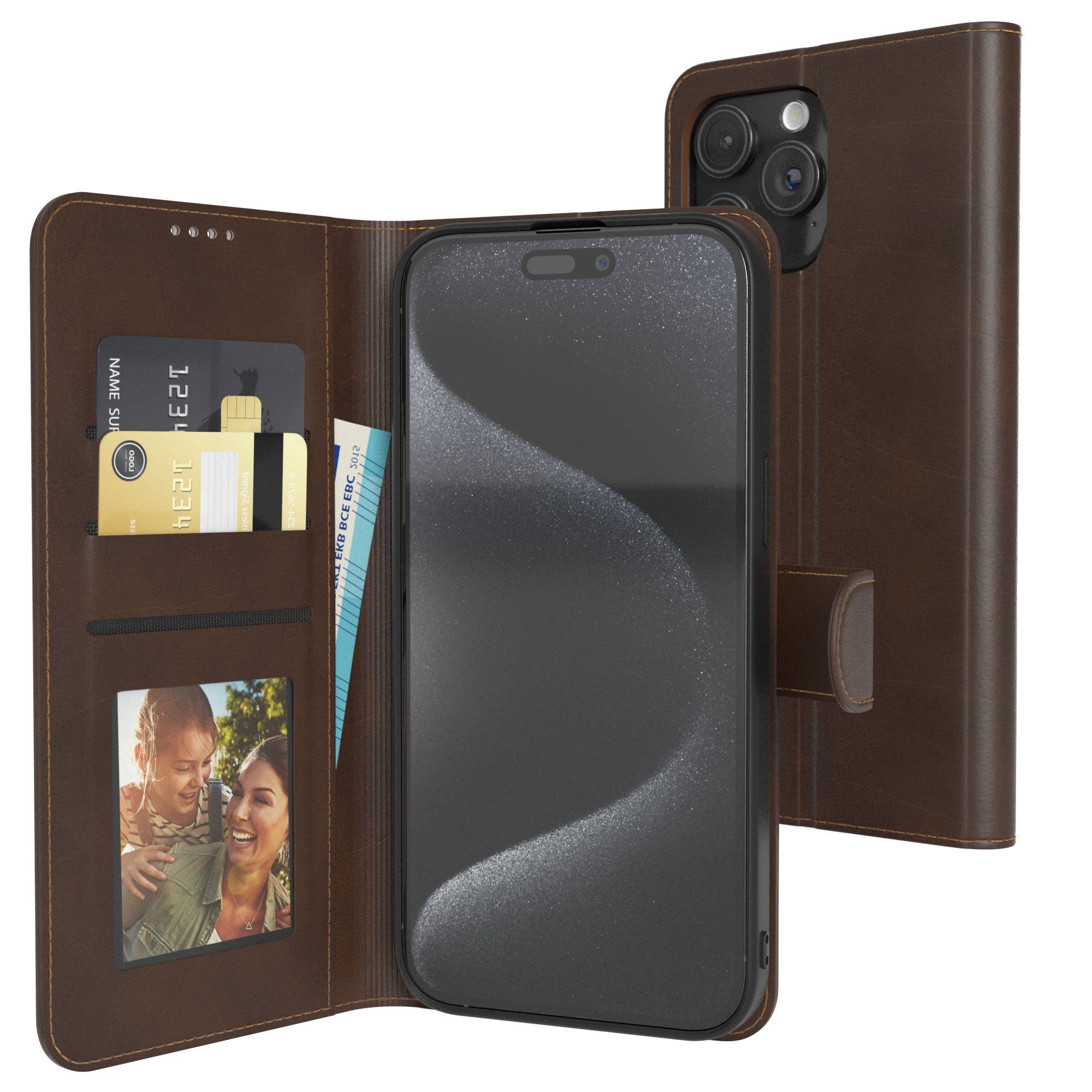 EAZY CASE Handyhülle Business Handytasche Kartenfach iPhone 15 Pro Max 6,7 Zoll, Tasche Klapphülle aus Kunstleder Book Cover mit Kartenfächer Braun