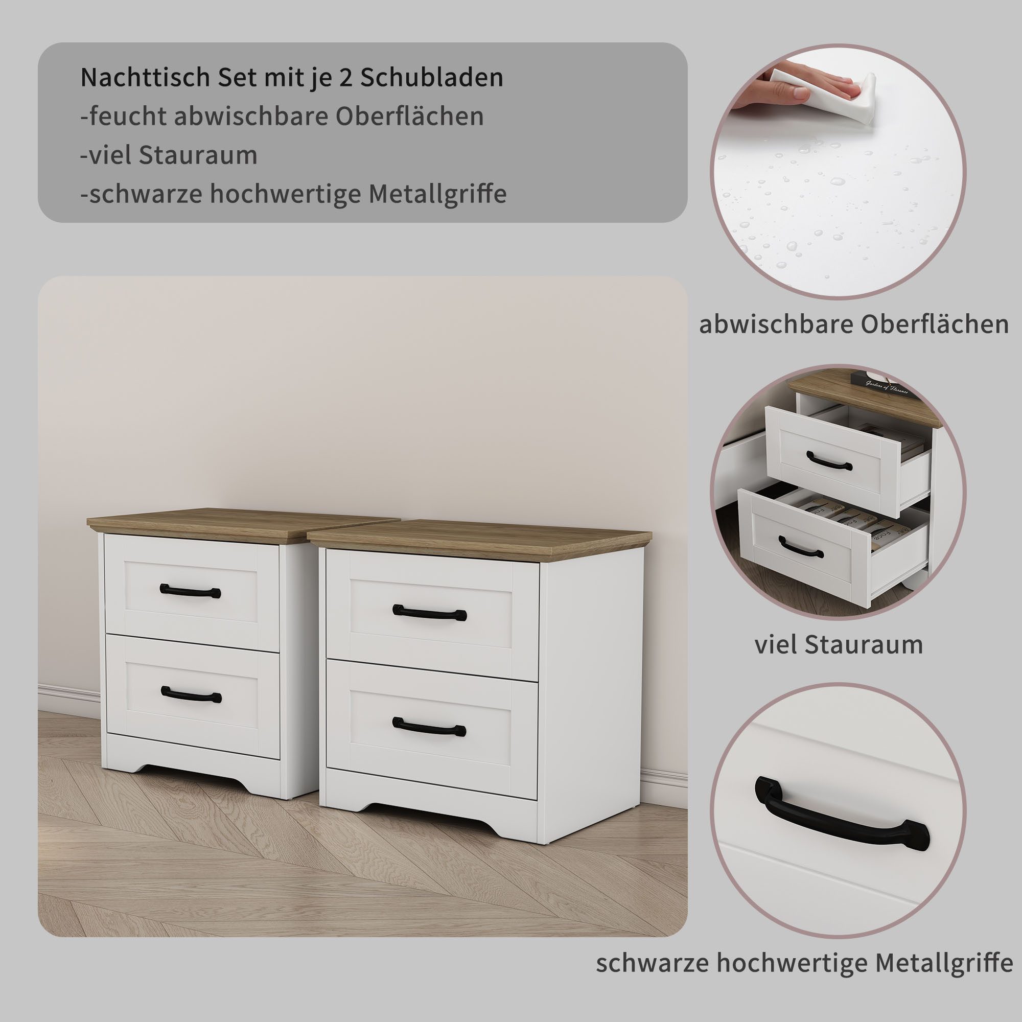 OTTO home Nachtkommode Emmilia Nachttisch Set im Landhaus Design (2 St., Schlafzimmer Kommoden Nachschrank im 2er Set), 2 Schubladen je Nachttisch - viel Stauraum im Schlafzimmer