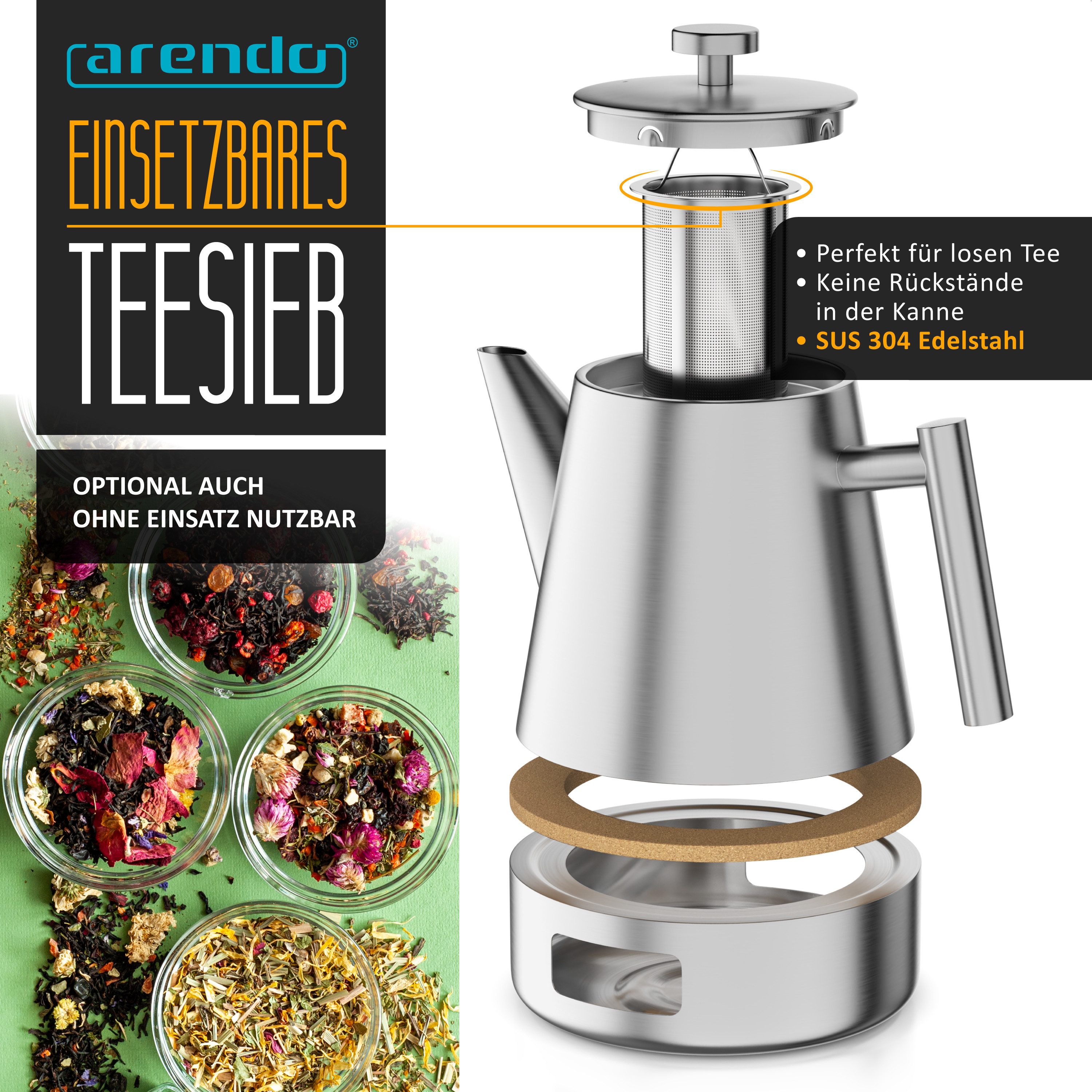 Arendo Teekanne Edelstahl Isolierkanne mit Stövchen & Siebeinsatz, 1000ml, Metallgriff, 1 l, (Set, 3-St., Teesieb, Stövchen), Doppelwandige Thermo Isolierung, Kanne mit Teesieb für losen Tee