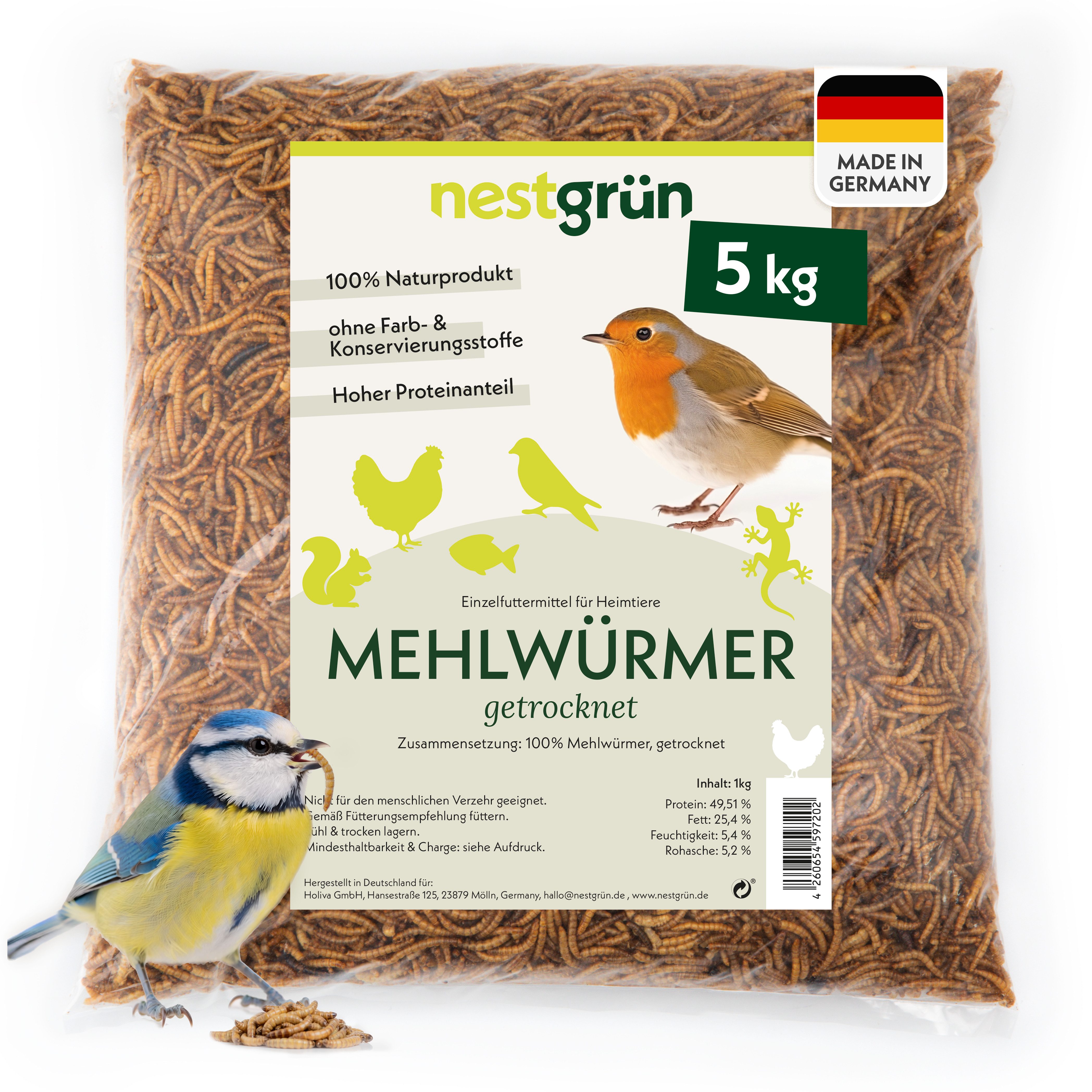 Nestgrün Mehlwürmer getrocknet, Snack für: Reptilien, Fische, Wildvögel, Igel, Hühner, Eichhörnchen, proteinreicher Snack, 100% natürlich