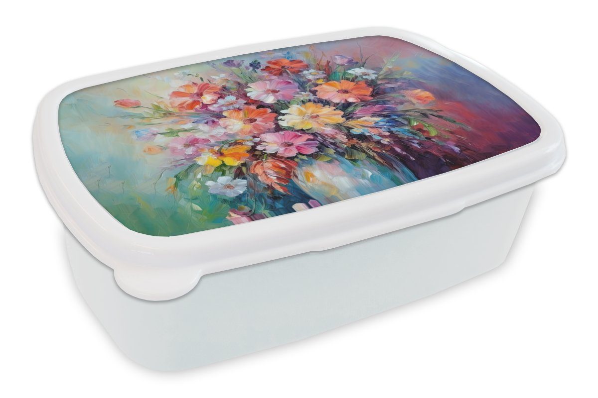 MuchoWow Lunchbox Blumen - Kunst - Malerei - Frühling - Blumenstrauß, Kunststoff, (2-tlg), Brotbox für Kinder und Erwachsene, Brotdose, für Jungs und Mädchen weiß
