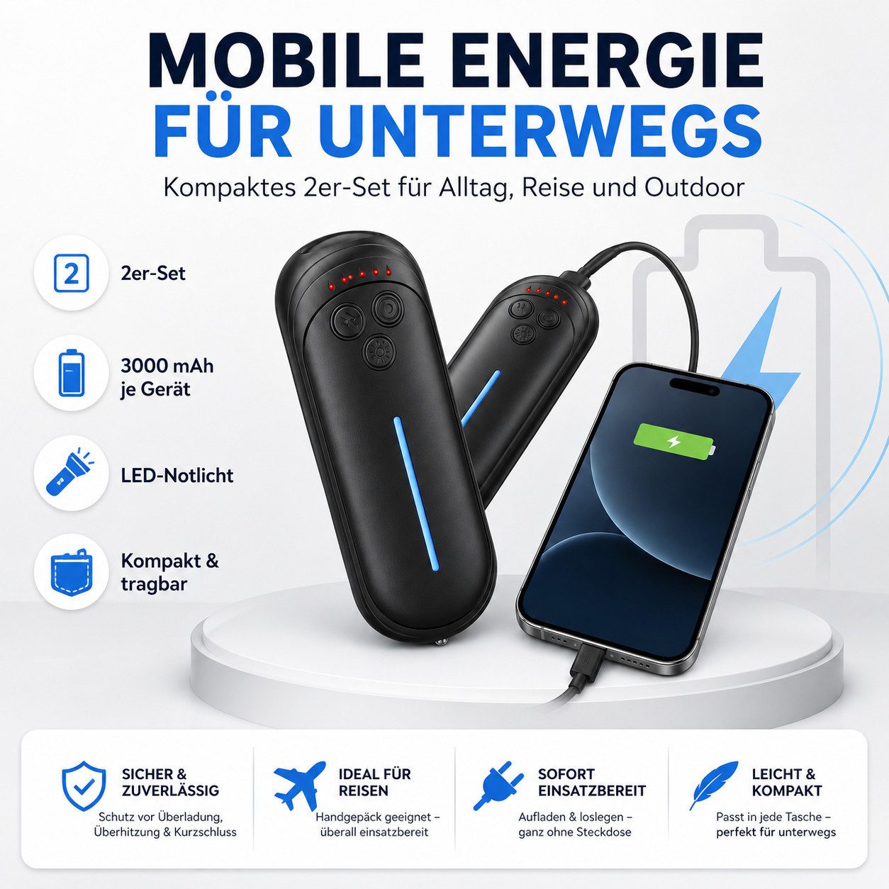 AIBISTAR Powerbank 2er Mini Powerbank 3000mAh mit LED-Notlicht, tragbar Powerbank Powerbank AA 3000 mAh (12 V, 2 St), 12 Stunden