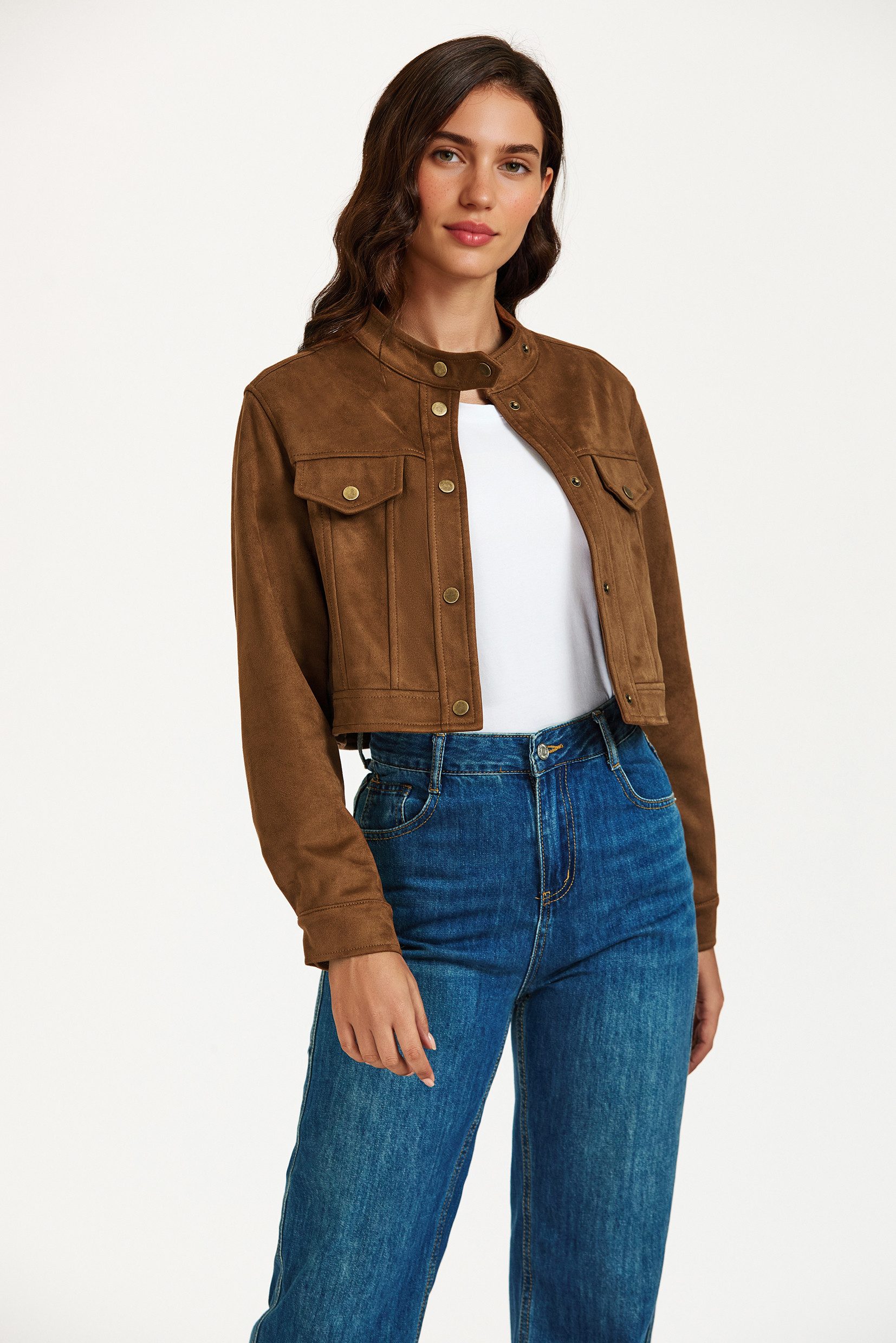 FS Collection Lederimitatjacke Damen Kunstlederjacke in Camel -Cropped Kurzjacke aus Lederimitatjacke (Größen: S, M, L, XL) 96,3 % Polyester, 3,7 % Elasthan