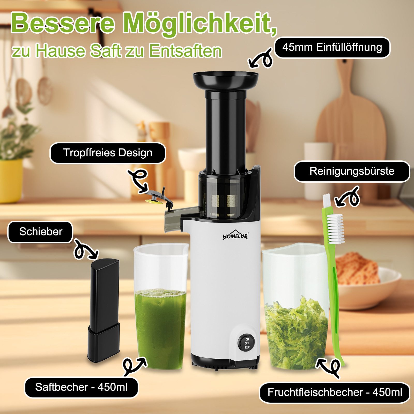 HOMELUX Slow Juicer Kleiner Entsafter Sicherheitsverriegelung, Mini, kompakt, 120 W, Geräuscharm, mit Easy-Clean Konzept, 120 W – Bild 4 von 5