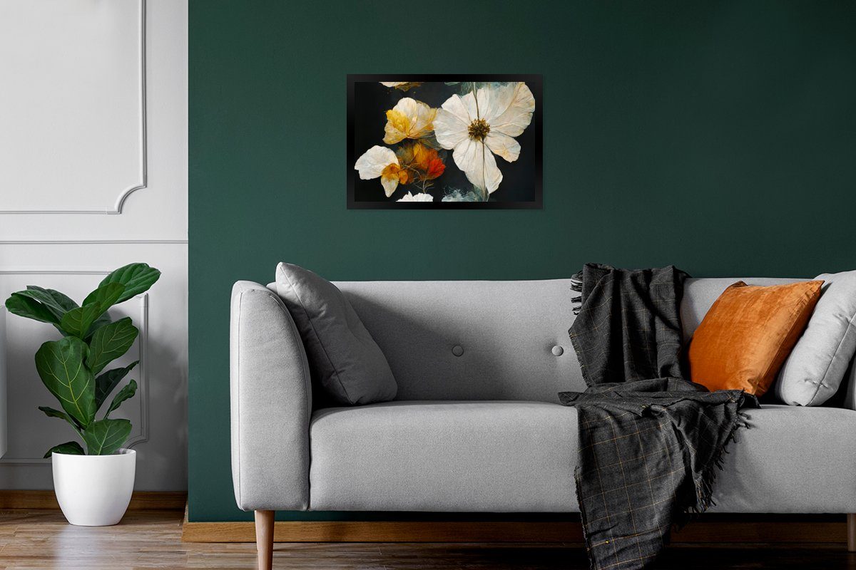 MuchoWow Poster Blumen - Wandposter, Bilder, Wanddeko, (1 Schwarzem Poster, Gerahmtes Bilderrahmen Pflanzen Schwarz Weiß, - - St)