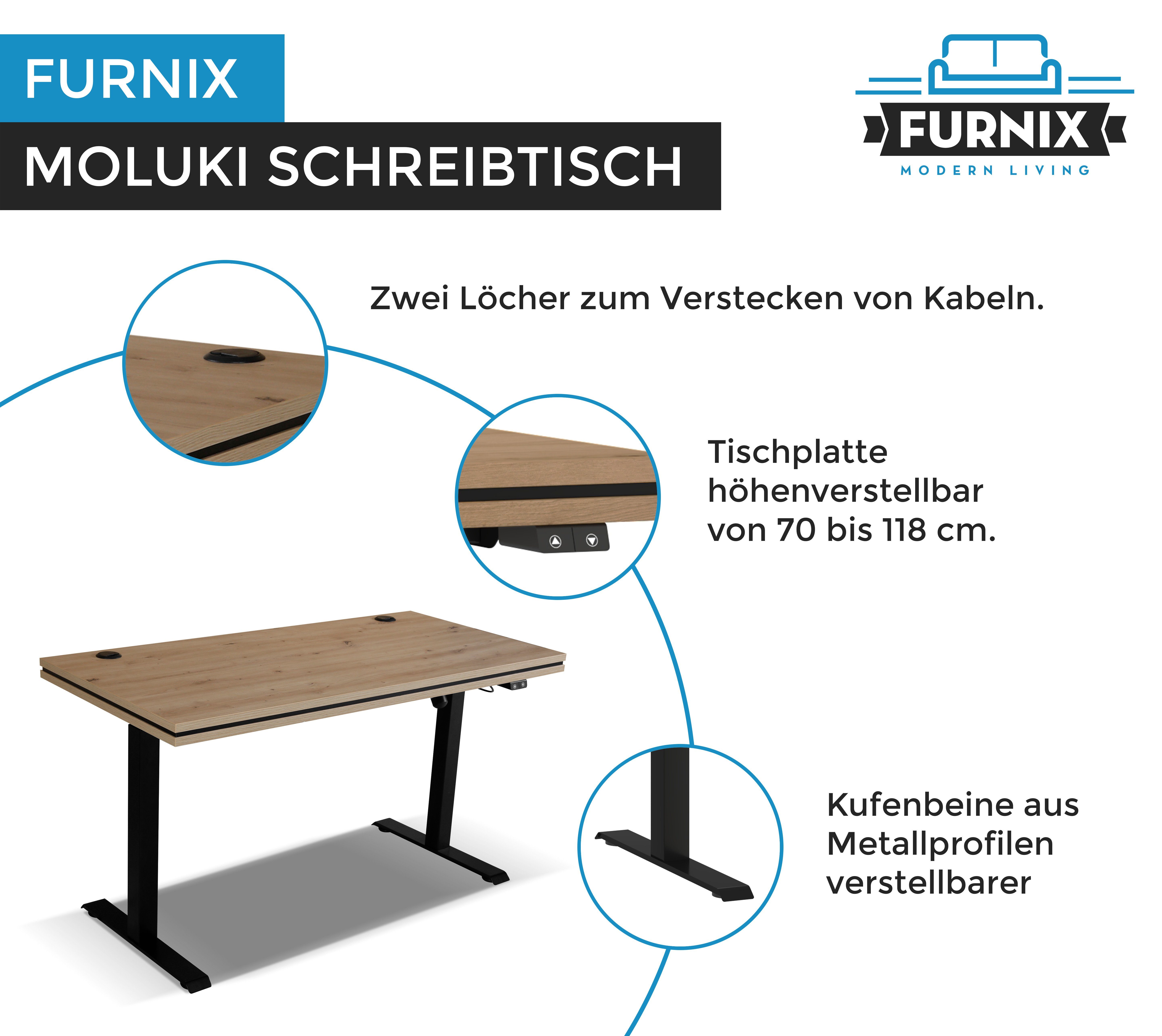 Furnix Schreibtisch mit höheverstellbaren elektrisch PC-Tisch elektrisch Artisan Steuermodul Kufenbeinen höhenverstellbar mit MOLUKI Büro Eiche 161
