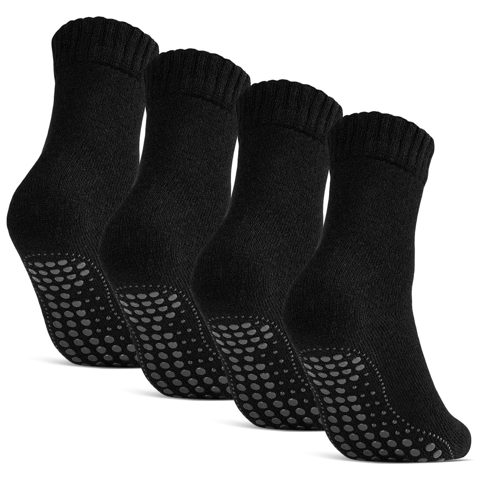 sockenkauf24 ABS-Socken Antirutschsocken warme Stoppersocken mit Wolle Vollfrottee (Schwarz, 4-Paar, 43-46) mit Komfortbund für Damen & Herren - 21463