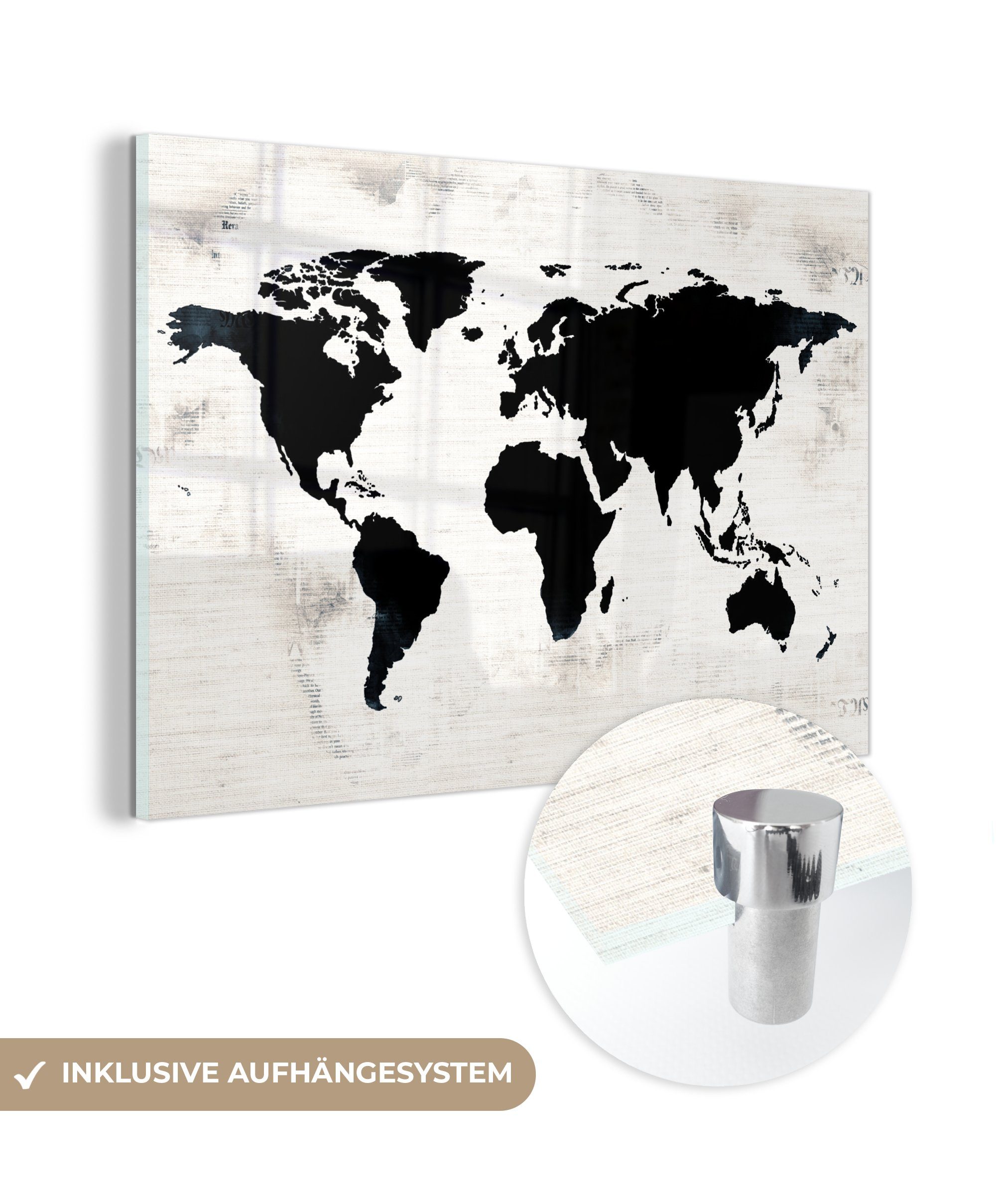 Holz, (1 - Foto St), Acrylglasbild Wanddekoration auf Weltkarte Bilder auf MuchoWow Glas - Schwarz Glas Wandbild - - Glasbilder -