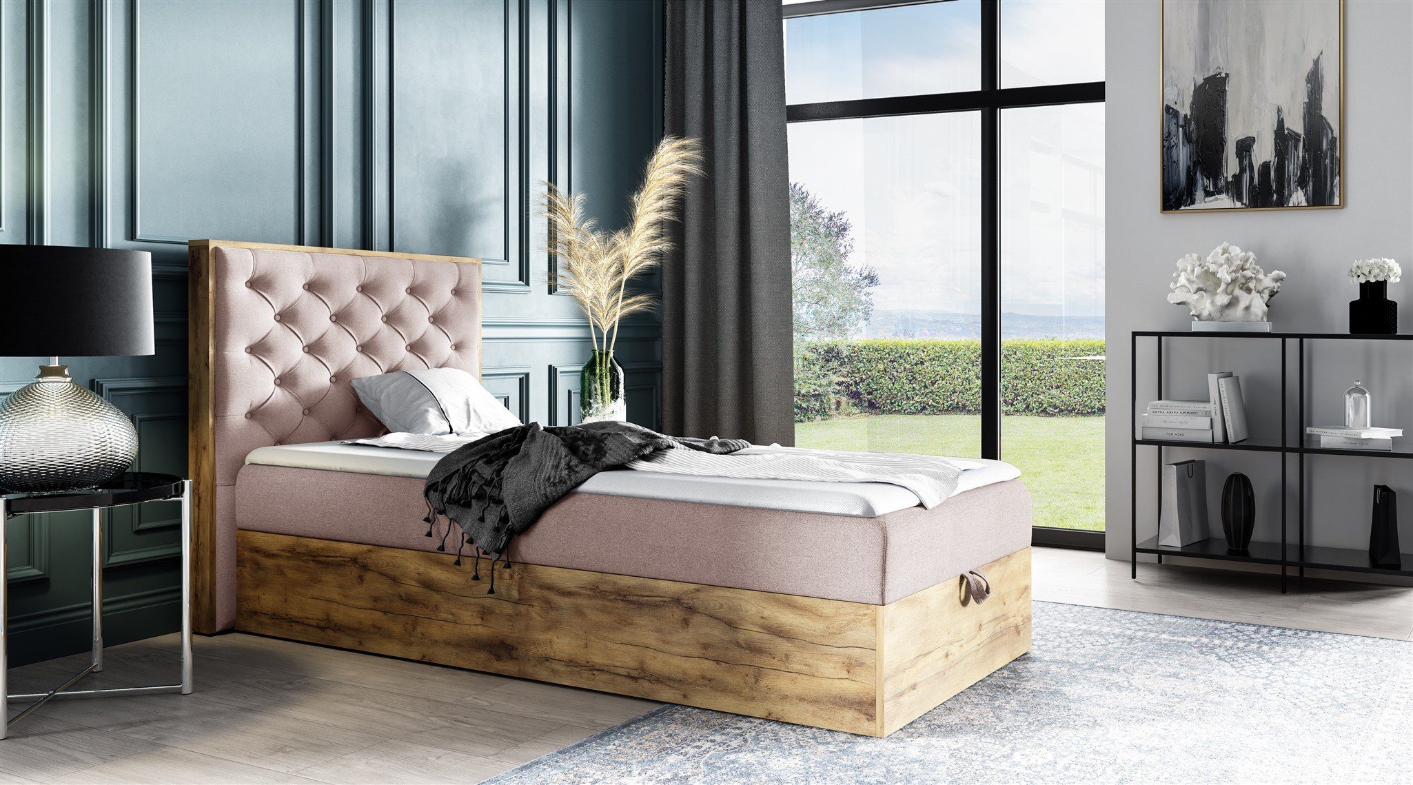Fun Möbel Boxbett Gästebett Einzelbett Bett DIONA MINI in Stoff (Artisan-Eiche Optik, in drei Größen), Inkl. Bettkasten und Topper
