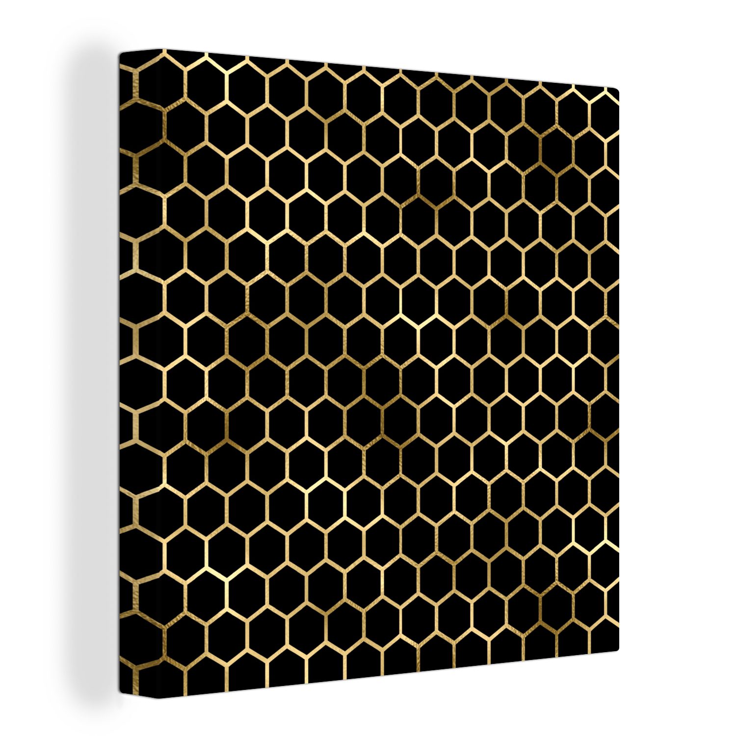 OneMillionCanvasses® Leinwandbild Muster - Sechseck - Gold - Schwarz, (1 St), Leinwand Bilder für Wohnzimmer Schlafzimmer