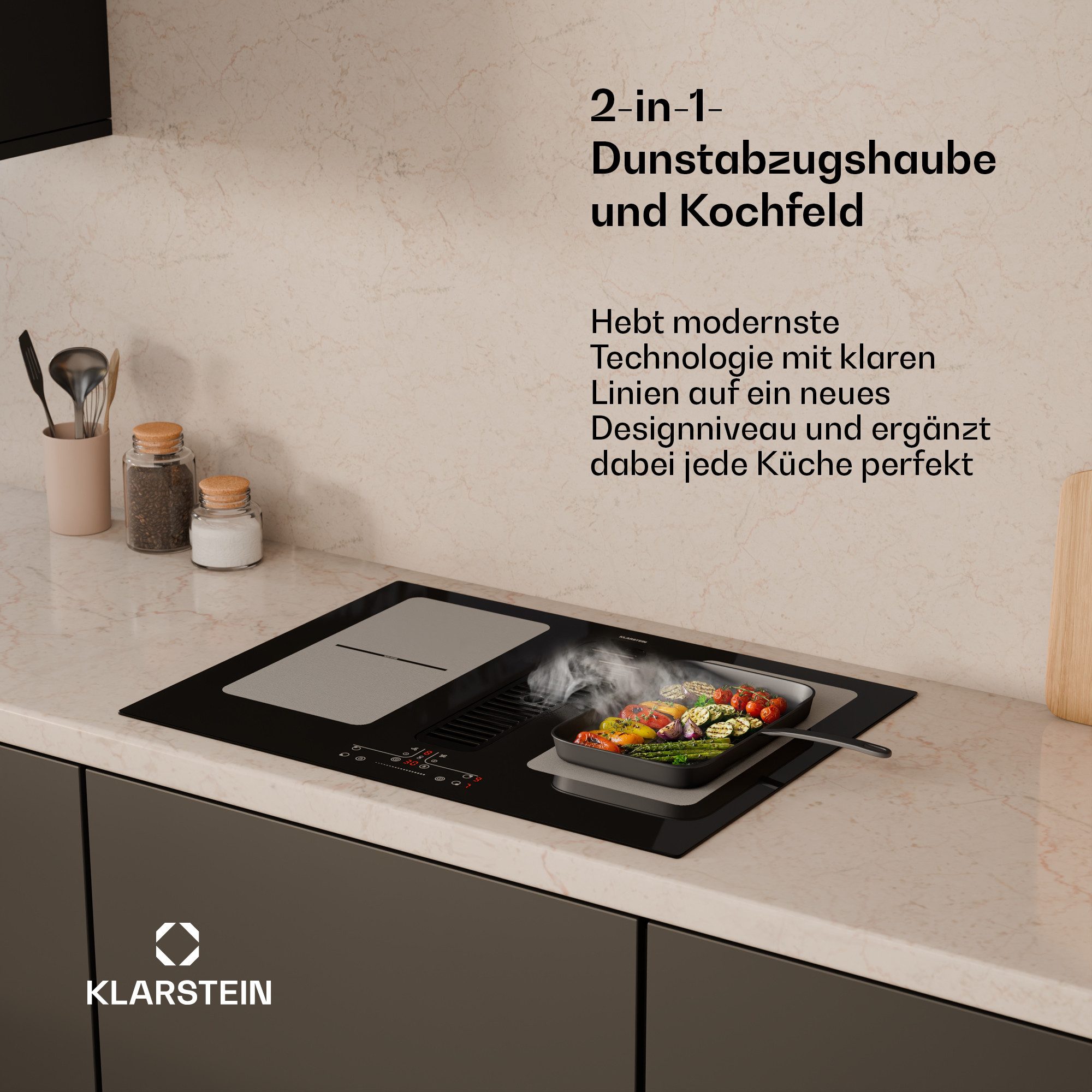 Klarstein Unterbauhaube Full House Serie Full House Down Air 70 cm 4 Zonen 7335W 530 m³/h Boost Touch Timer Full House, Einbau-Kochfeld mit Abzugshaube autark 7335W & Filter