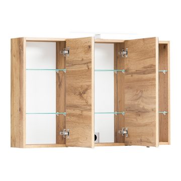 Lomadox Spiegelschrank VIDAGO-03 3D- 100 cm breit in Wotan Eiche Nb. mit LED Beleuchtung : 100/64/20 cm