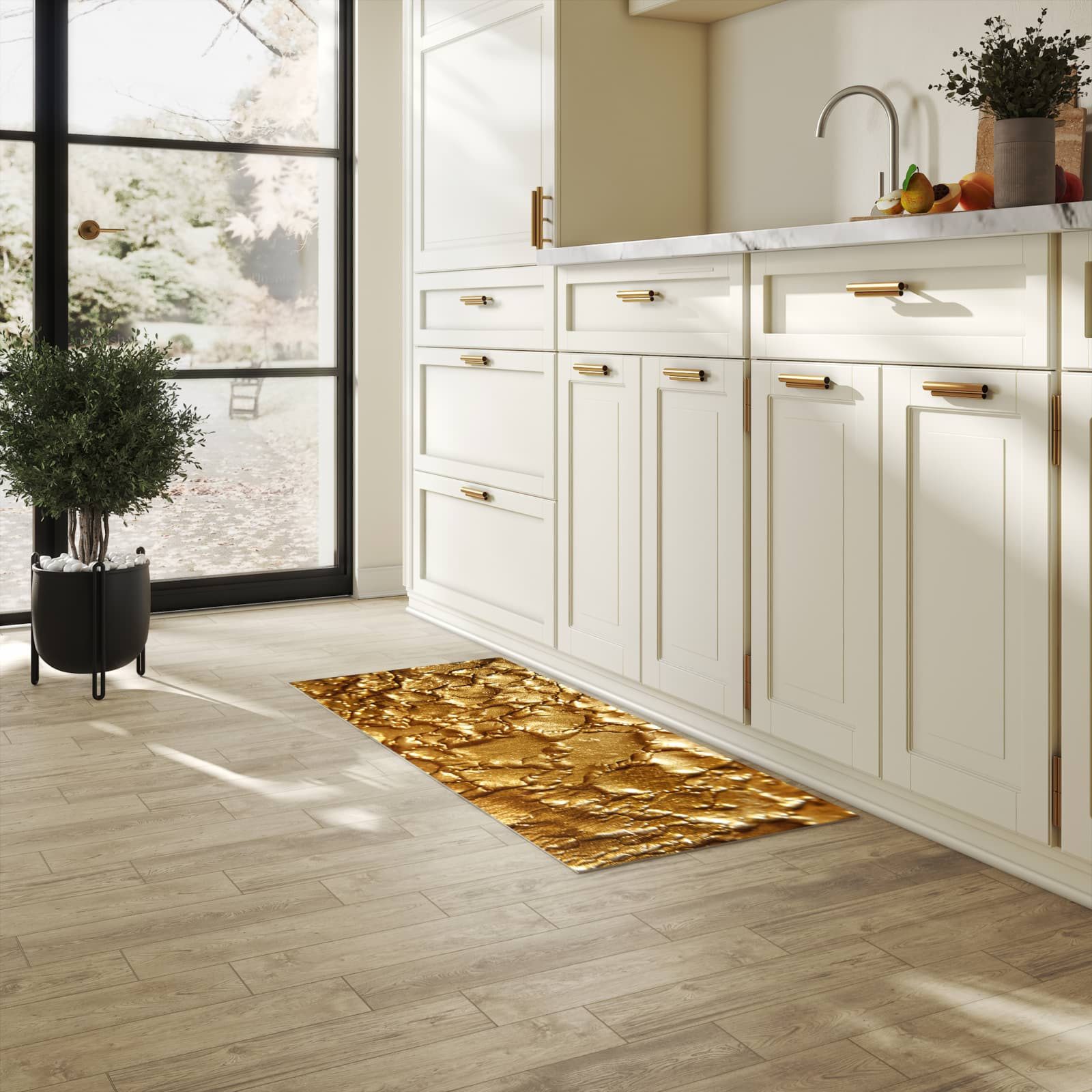 Primedeco Teppich Küchenteppich Goldene Struktur PVC rutschfest abwaschbar Läufer, Rechteckig, Höhe: 3 mm, Pflegeleicht & Wasserabweisend