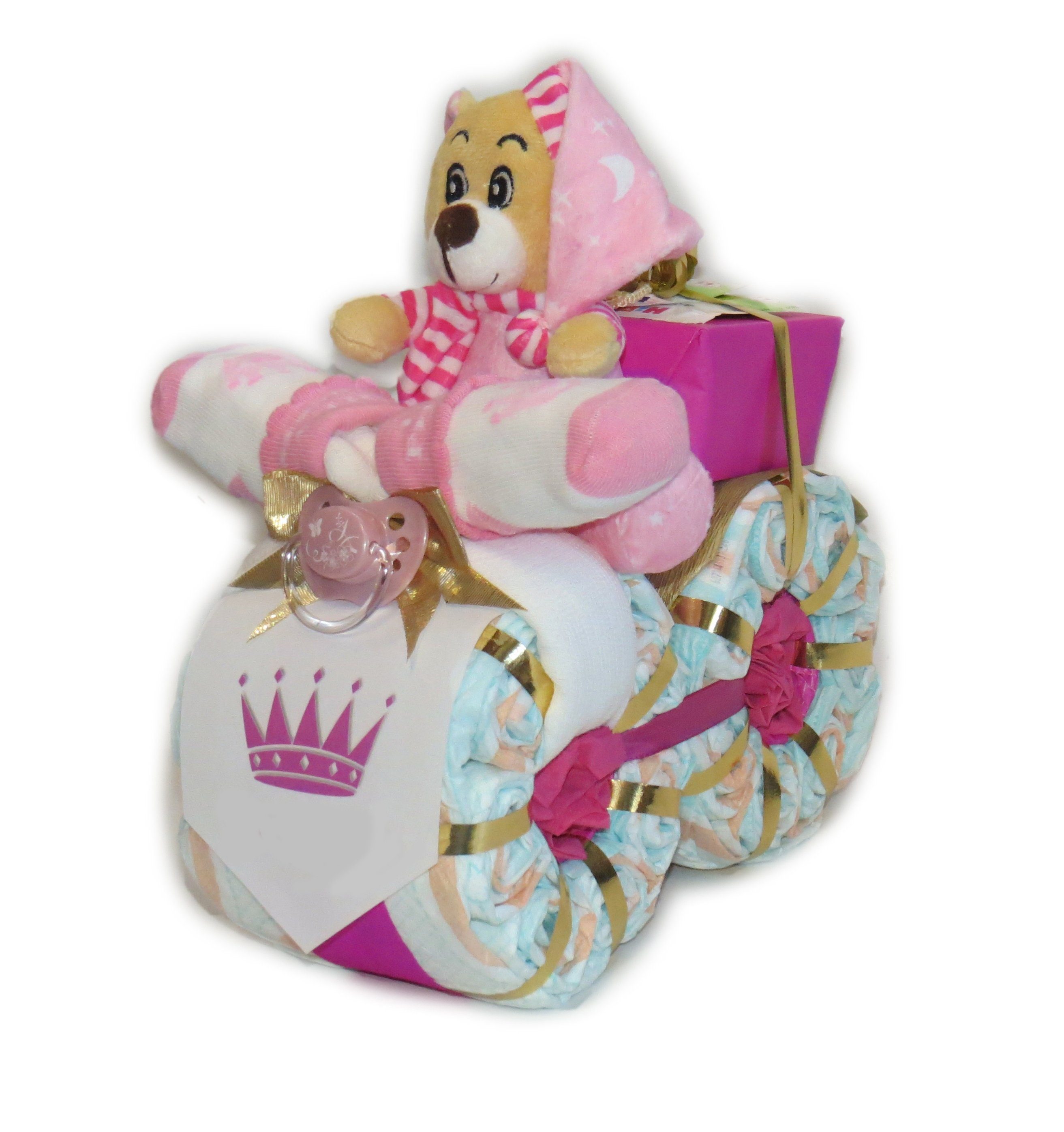 mit Geschenketorten-Gebhardt Windeltorte Windeln rosa Prinz oder Schlafbär Windelmotorrad Prinzessin,