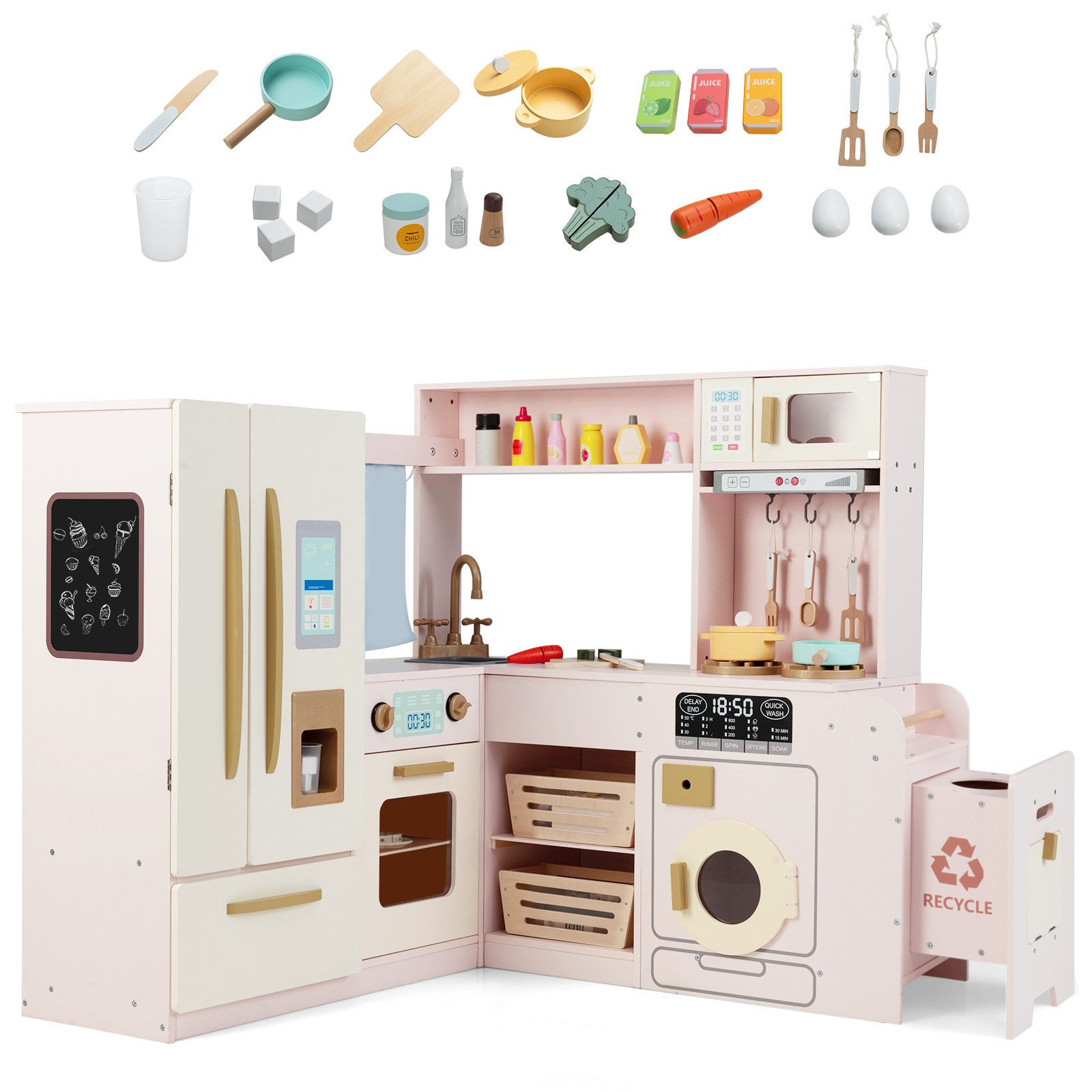 KOMFOTTEU Spielküche, Kinderspielküche Kinderküche mit Licht, Sound & 22 Zubehör