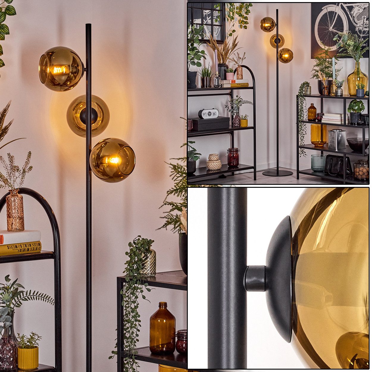 Stehlampe Stehlampe aus Metall/Glas in Schwarz/Goldfarben mit Fußschalter